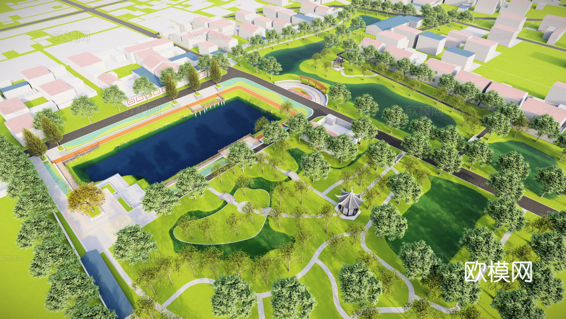 新中式乡村公园su模型下载