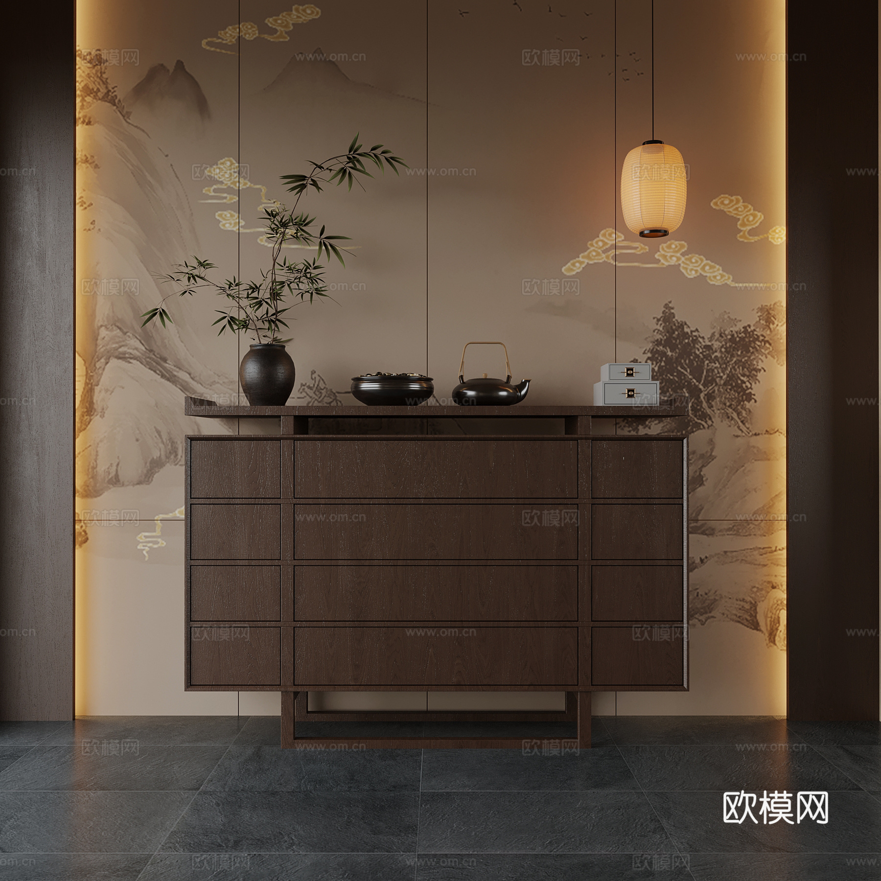 新中式玄关柜 边柜 装饰柜su模型