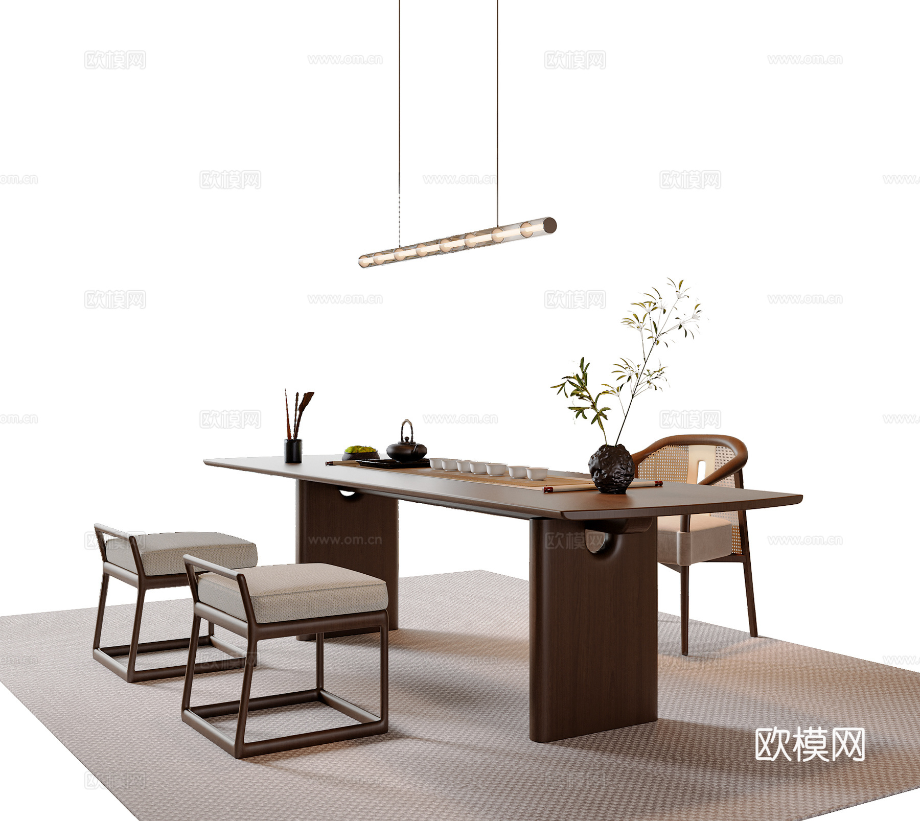 现代新中式茶桌椅组合 茶具 茶椅 茶桌 吊灯 新中式花瓶3d模型