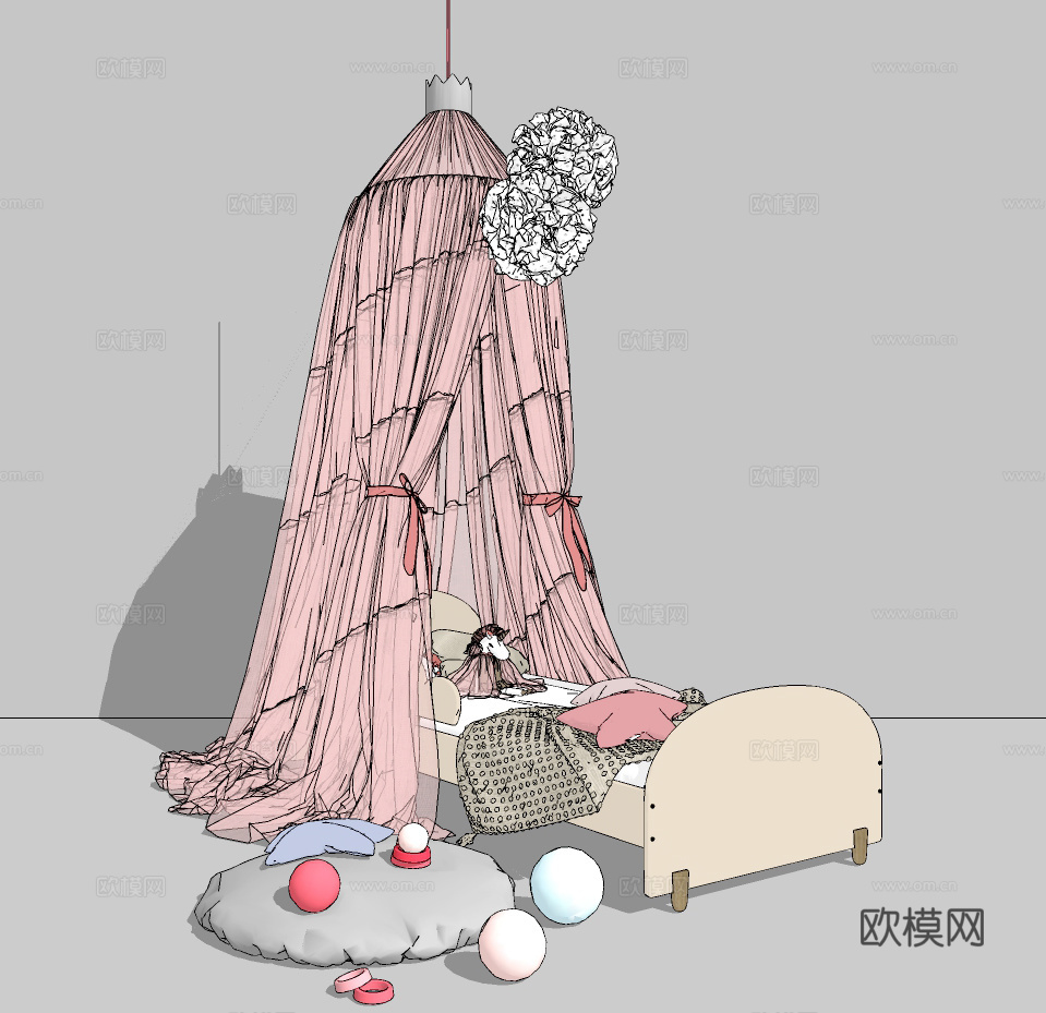 现代公主床 布幔 儿童床su模型下载