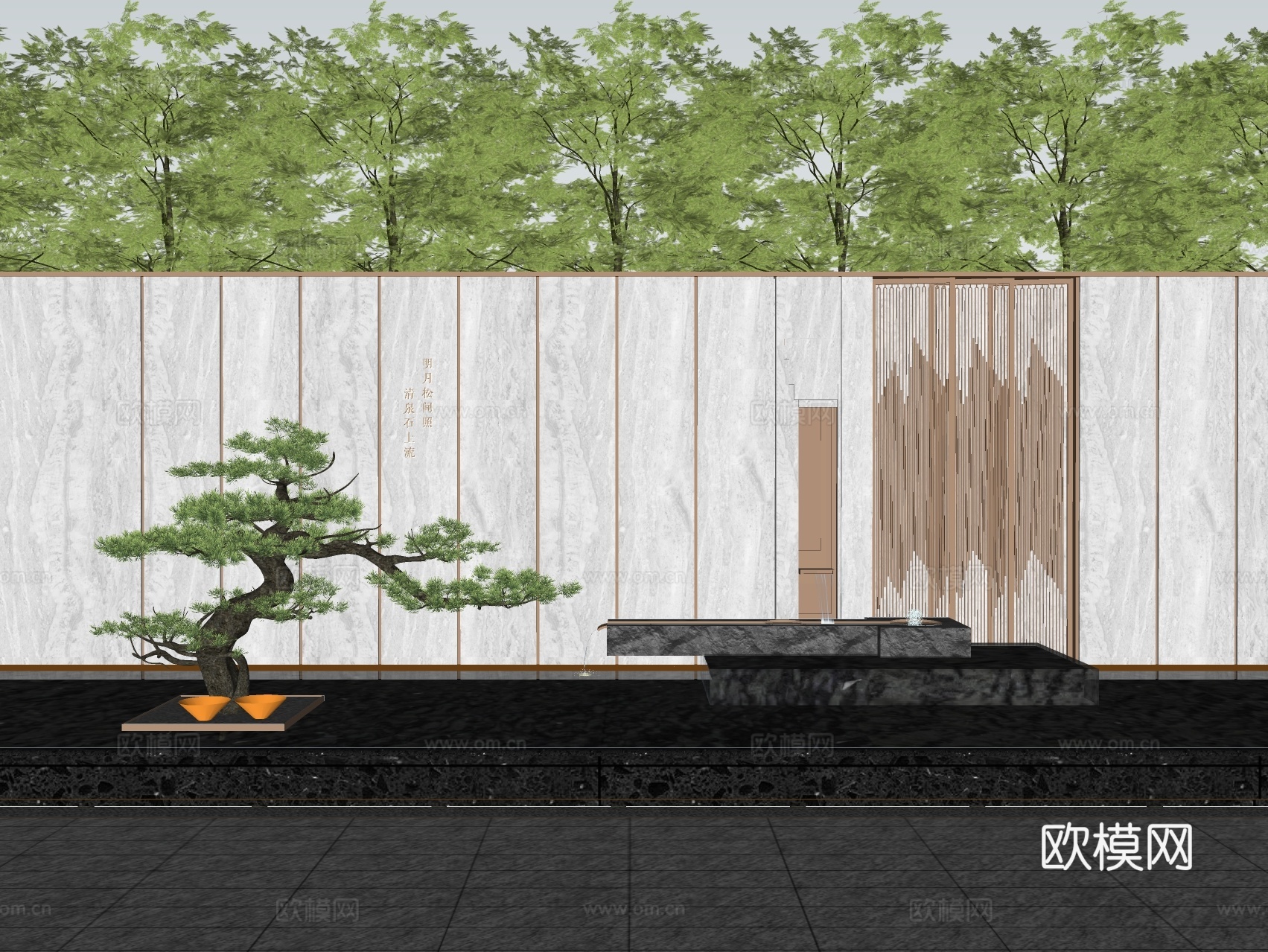 新中式景墙入口 水景对景 景墙 示范区跌水 跌水景墙 围墙造型松 格栅su模型下载