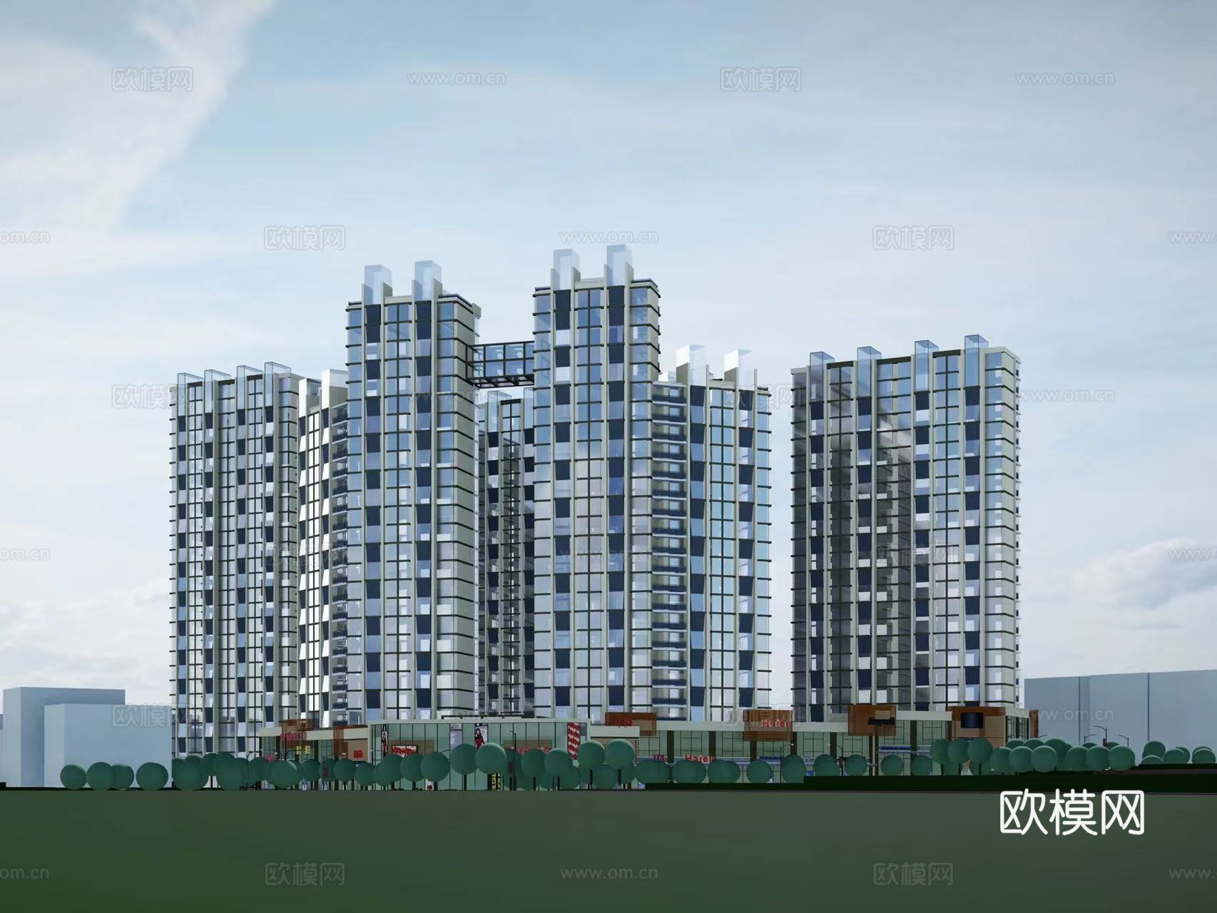 现代住宅楼建筑外观su模型下载
