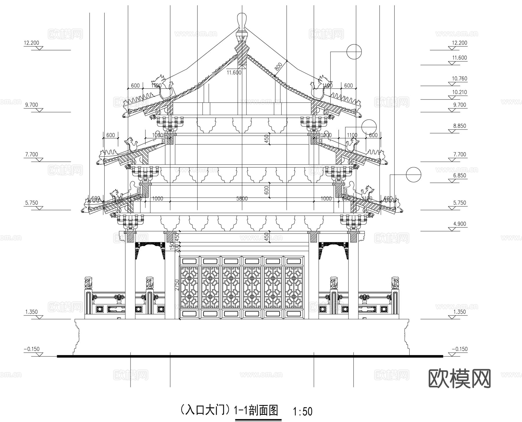 仿古建筑-五踩斗拱大样图及雀替大样图cad施工图