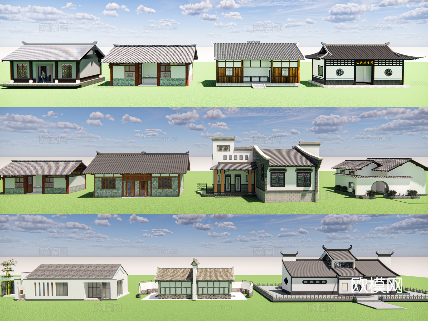 新中式公厕建筑外观su模型下载