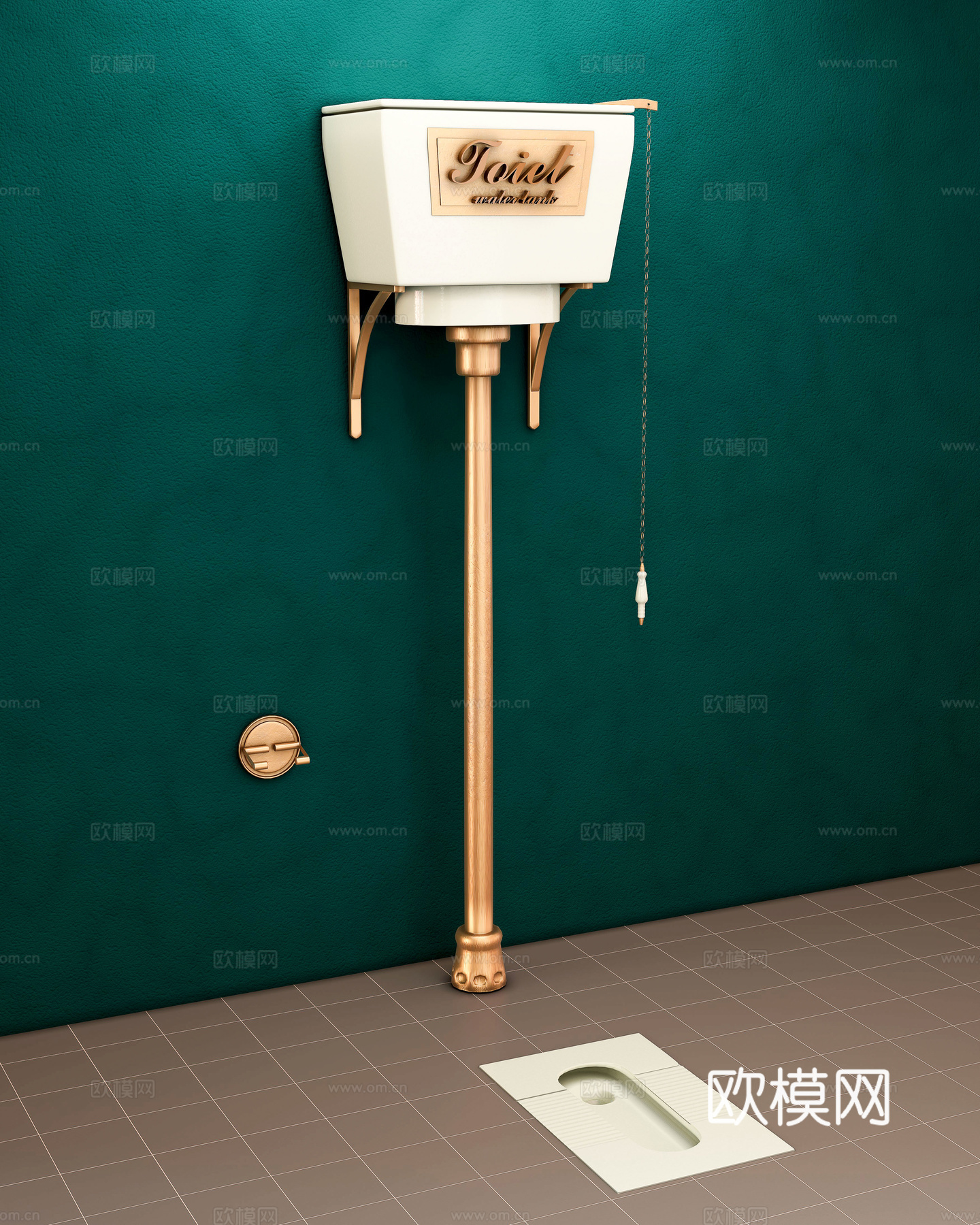 复古手拉绳式壁挂高水箱 蹲便器 蹲坑 陶瓷水箱su模型下载
