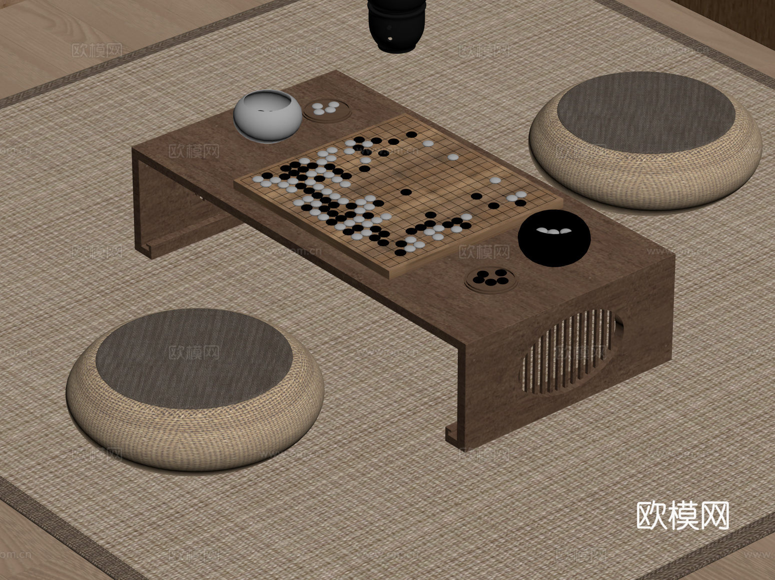 新中式榻榻米茶台 围棋su模型