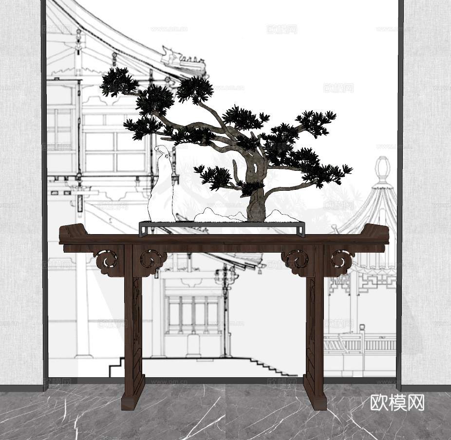 新中式实木端景条案su模型下载