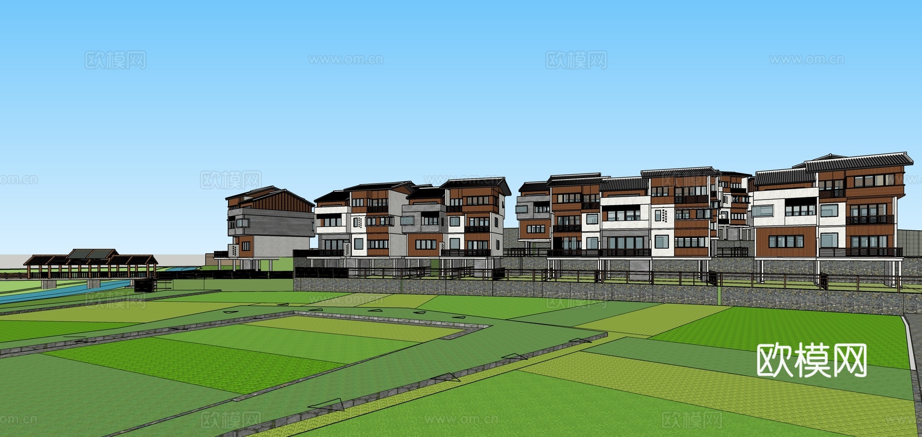 新中式新农村民居建筑外观su模型下载