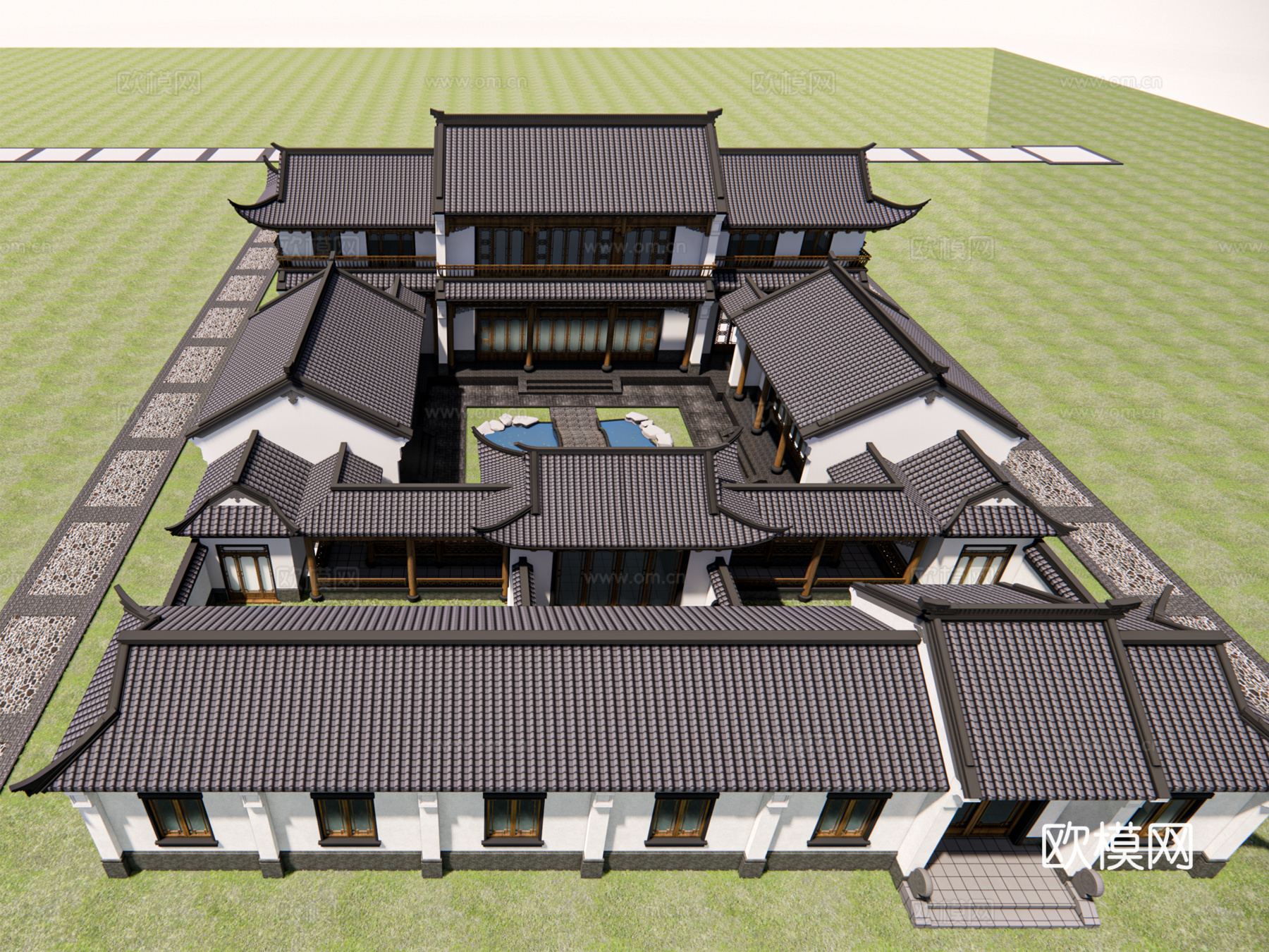 中式四合院建筑外观su模型下载