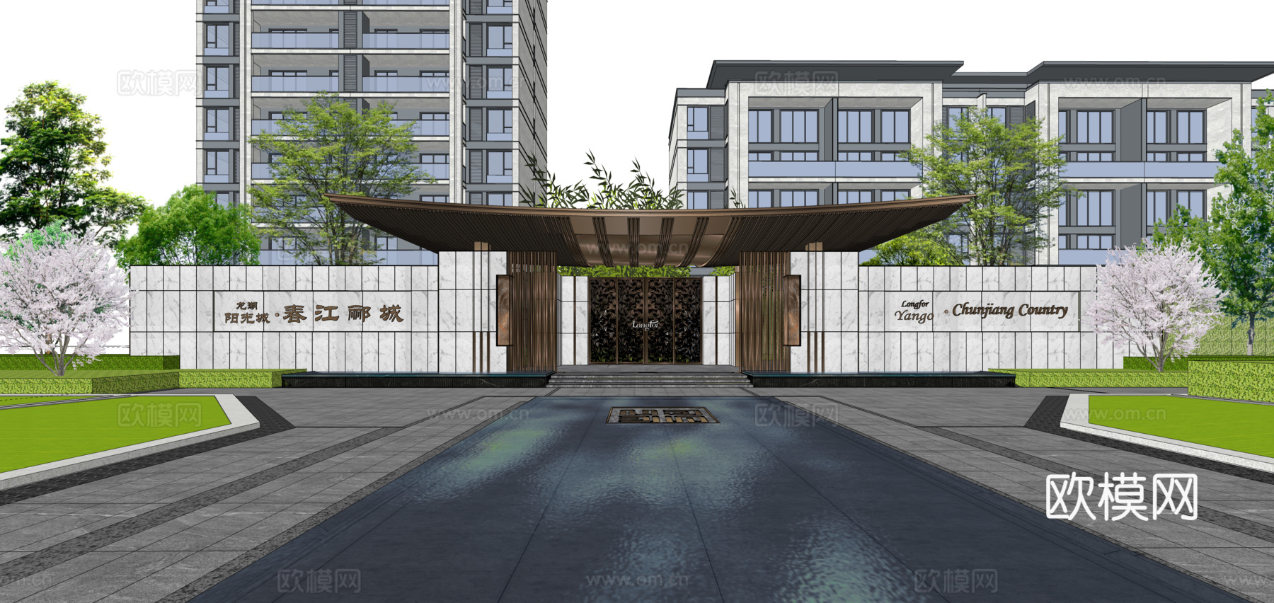 新中式小区住宅景观su模型下载