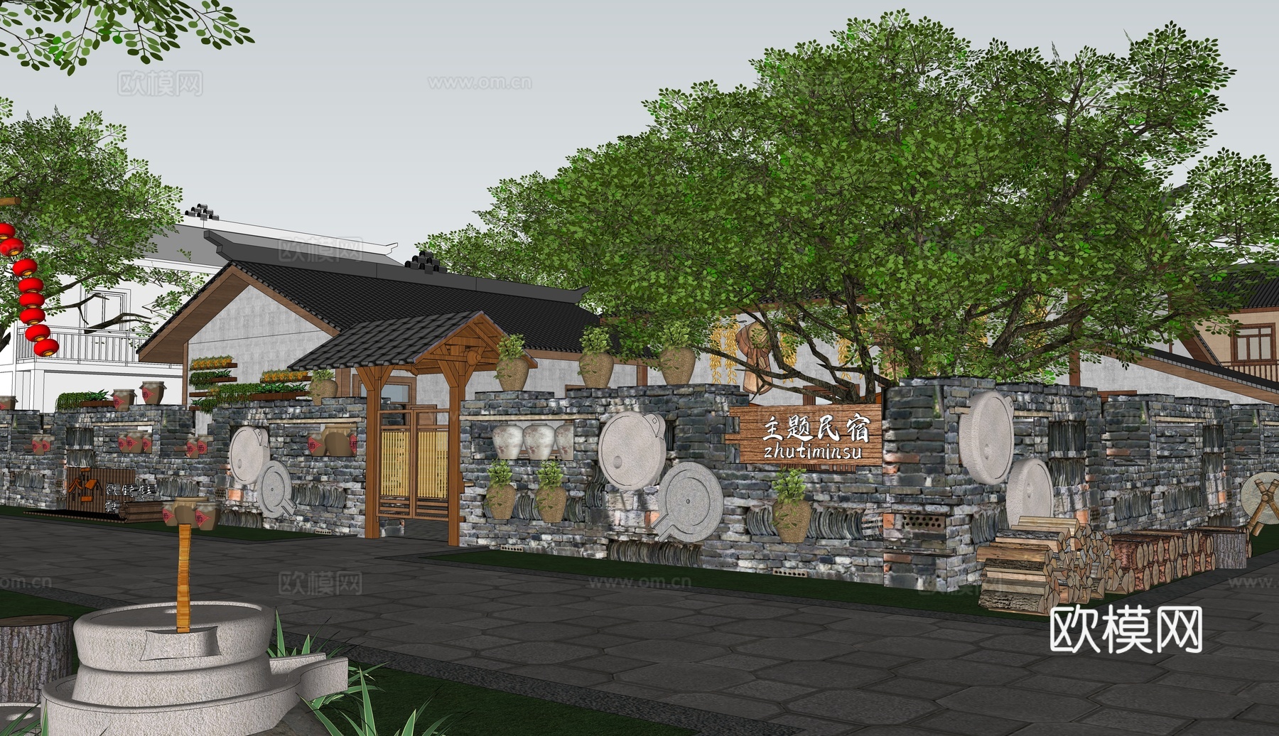 新中式乡村民宿建筑外观su模型下载