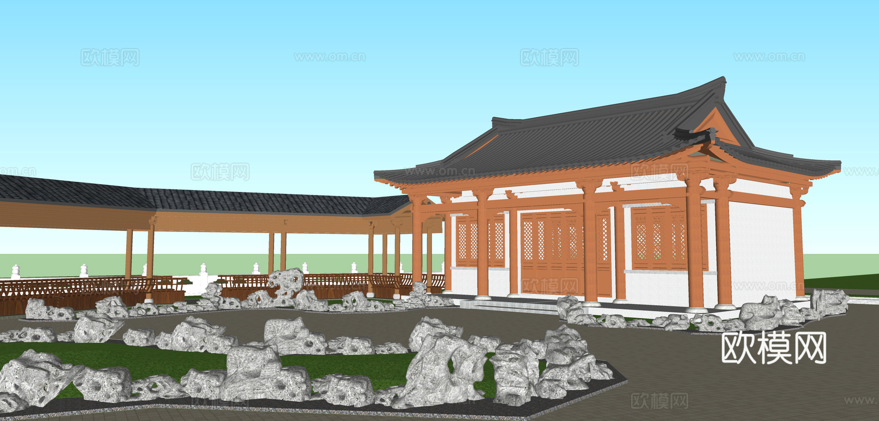 中式古建长廊su模型下载