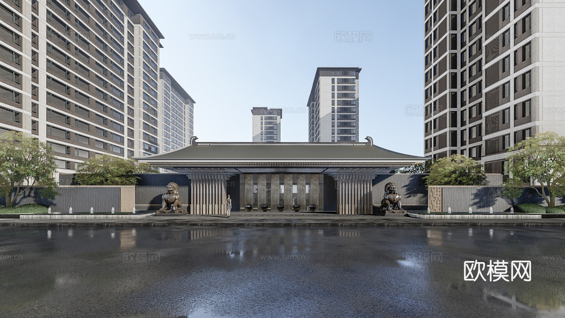 新中式小区景观su模型下载