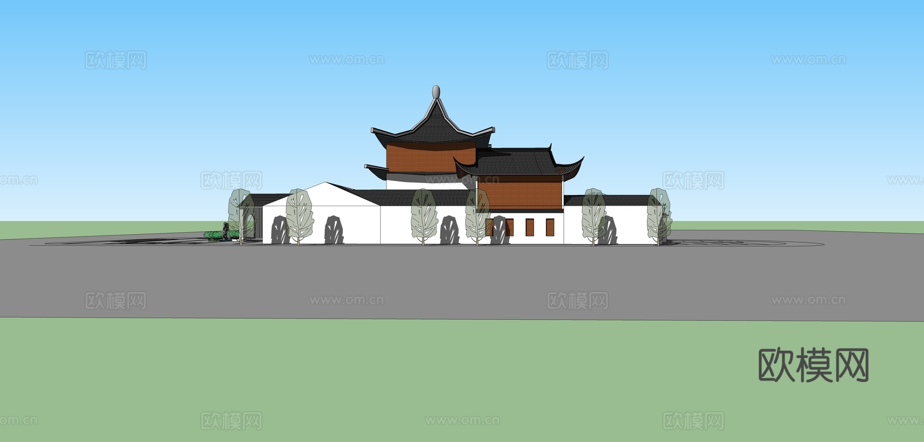 新中式游客中心建筑外观su模型下载