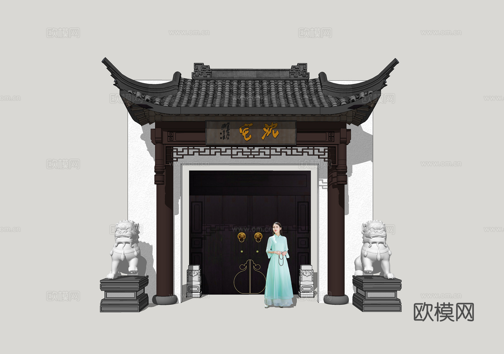 中式别墅大门 庭院门su模型下载