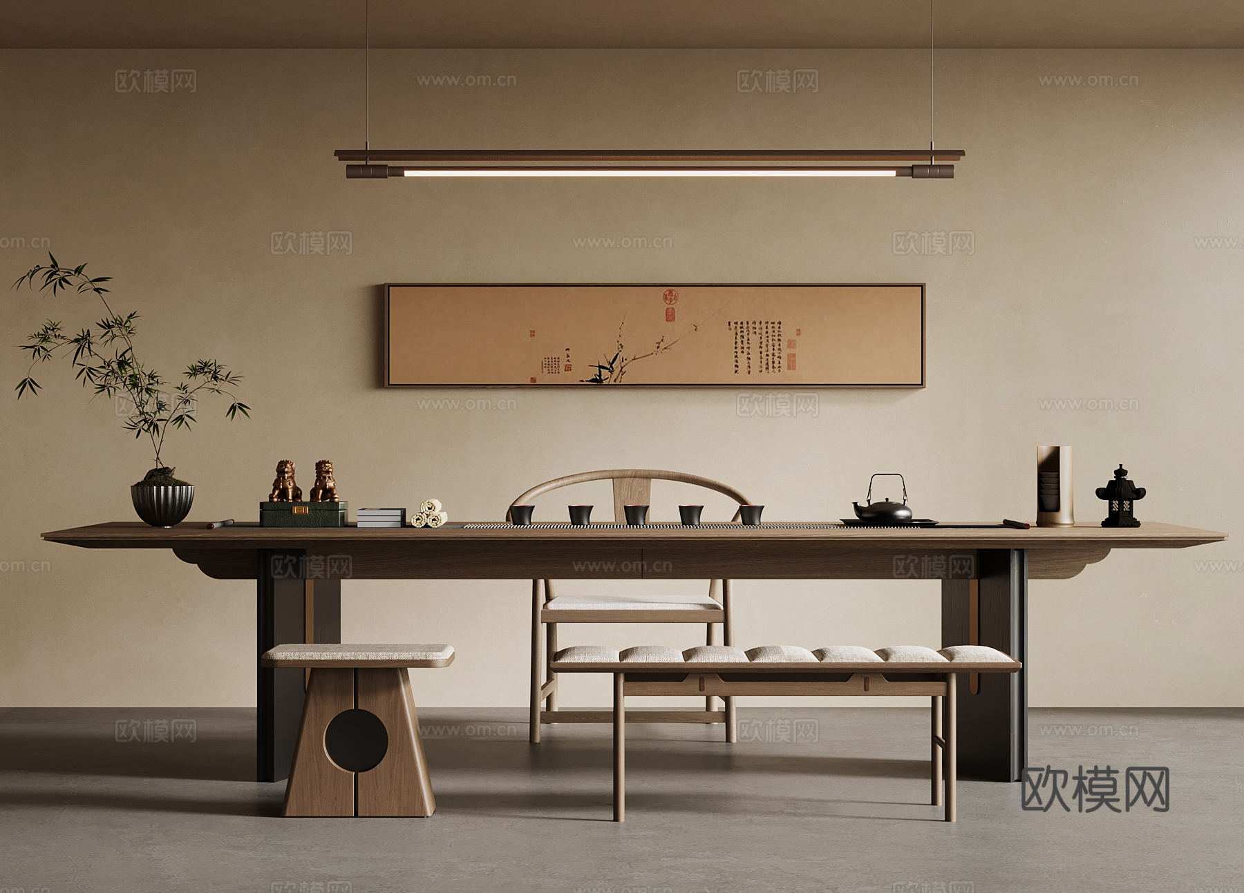 新中式茶台 茶桌椅 吊灯 装饰画3d模型