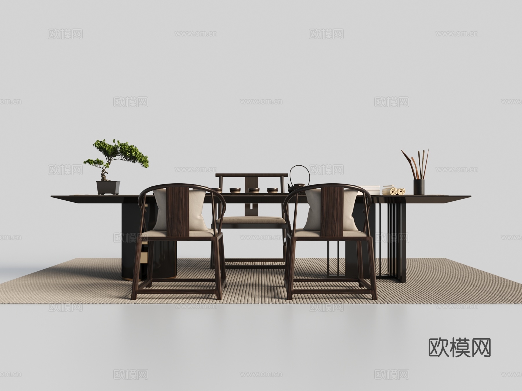 新中式茶桌椅组合 摆件 地毯 绿植3d模型