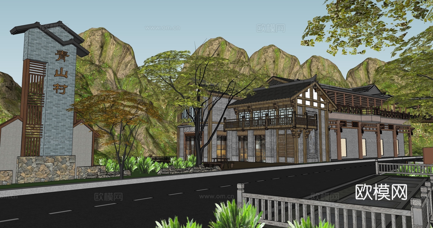 中式山地森林公园半山栈道su模型