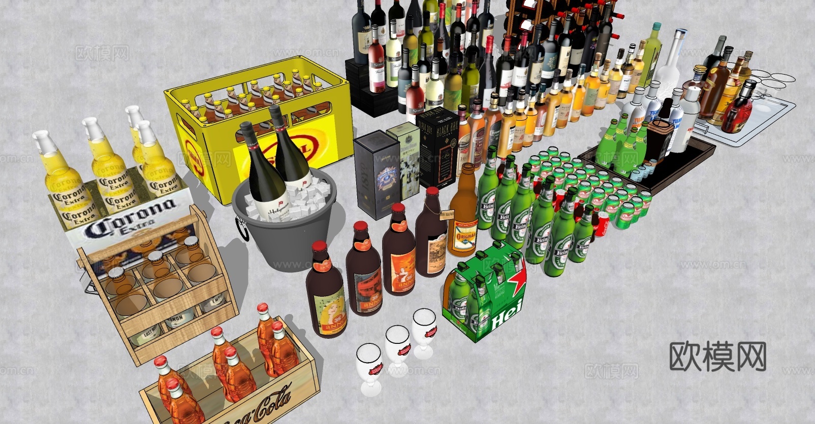 现代酒瓶酒杯组合 酒水饮料su模型下载