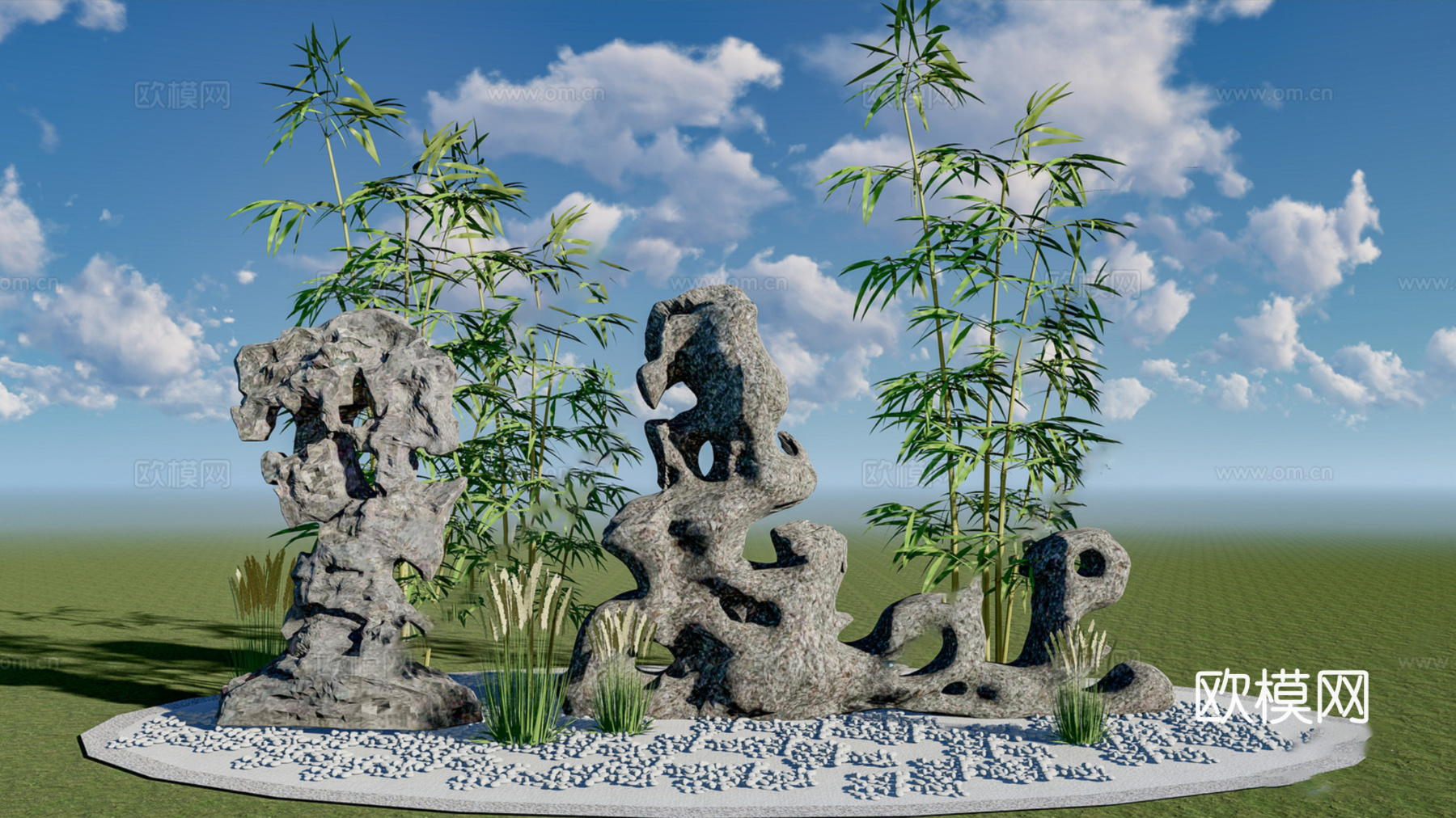 中式假山太湖石竹子景石SU下载模型