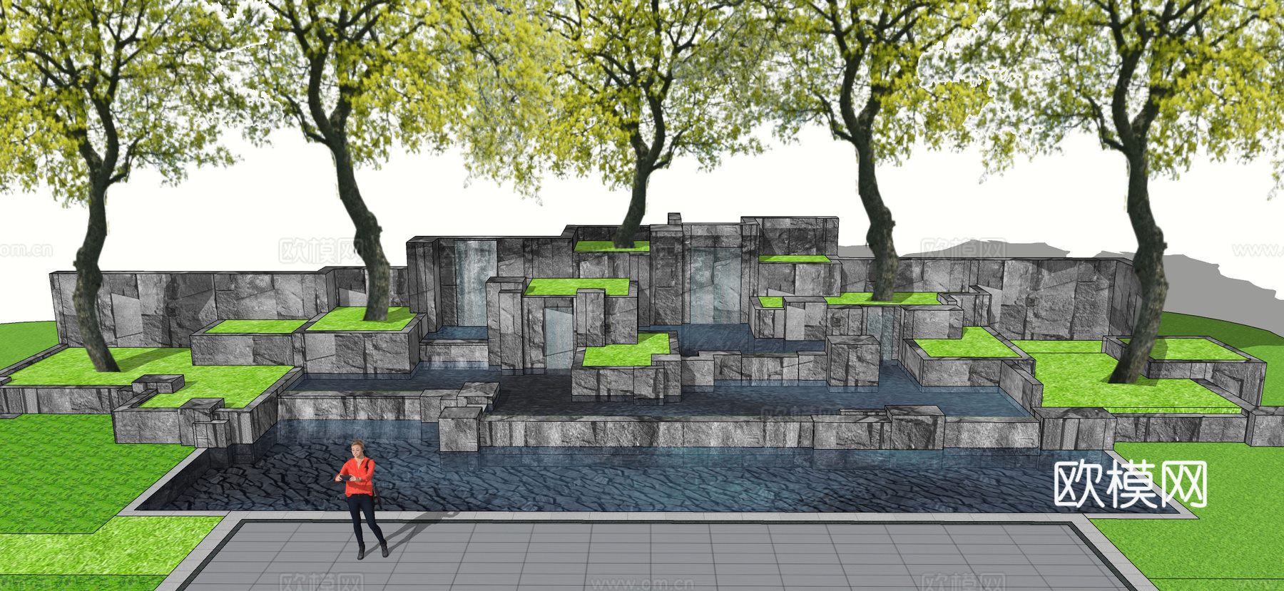 现代跌水水景 瀑布 垒石叠石 片石池底su模型下载