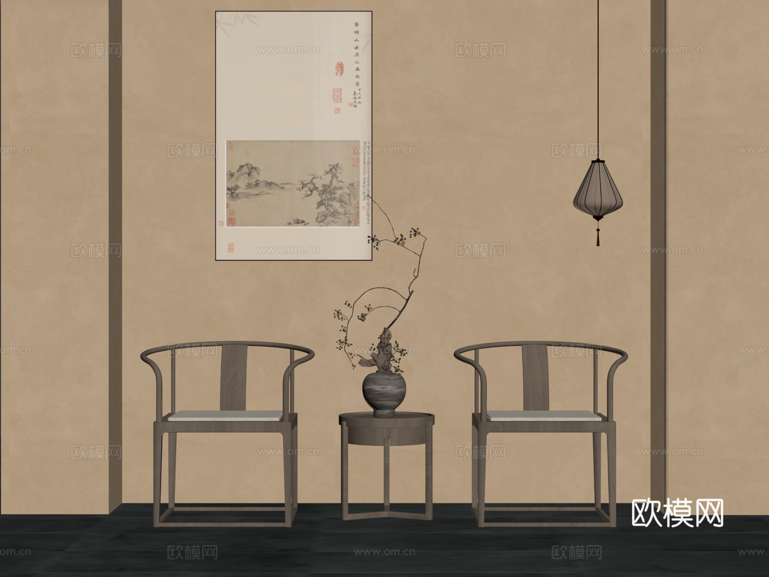 休闲椅 新中式休闲椅 单人椅 边几 装饰画 小吊灯su模型