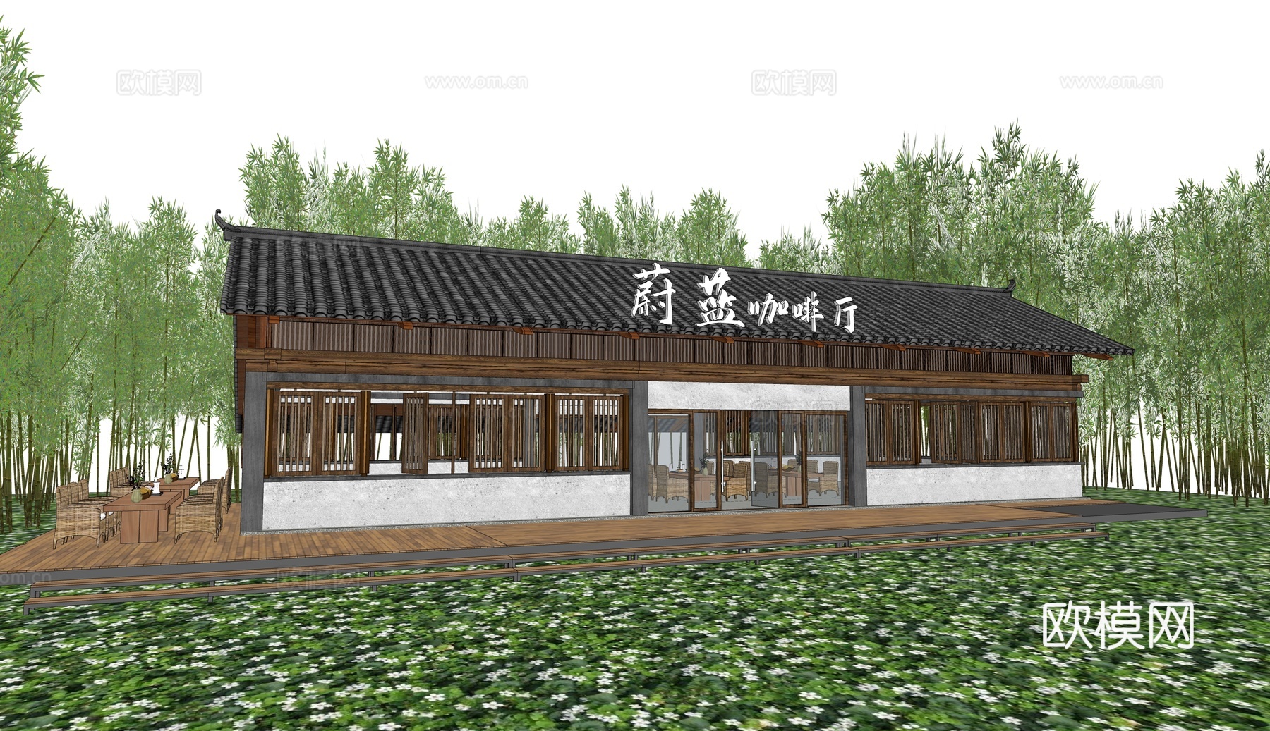现代咖啡厅建筑 餐饮建筑 茅草木屋 乡村茶馆 庭院景观su模型下载