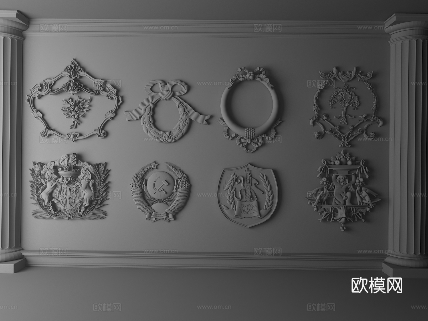 简欧欧式 墙饰 金箔 雕花 构件 花环 组合3d模型