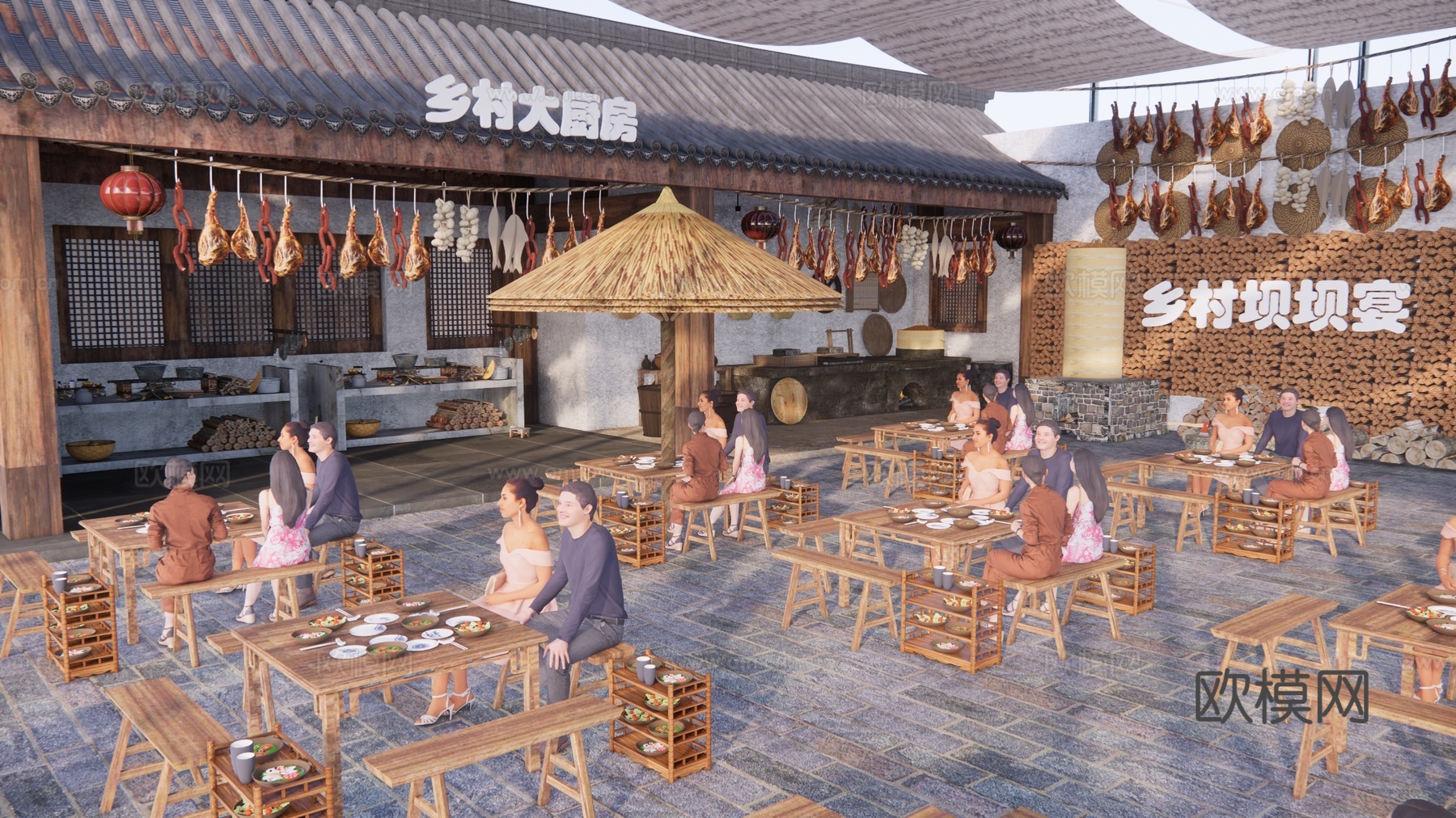 现代乡村美食街 农村坝坝宴 腊肉香肠 乡村农家乐su模型下载