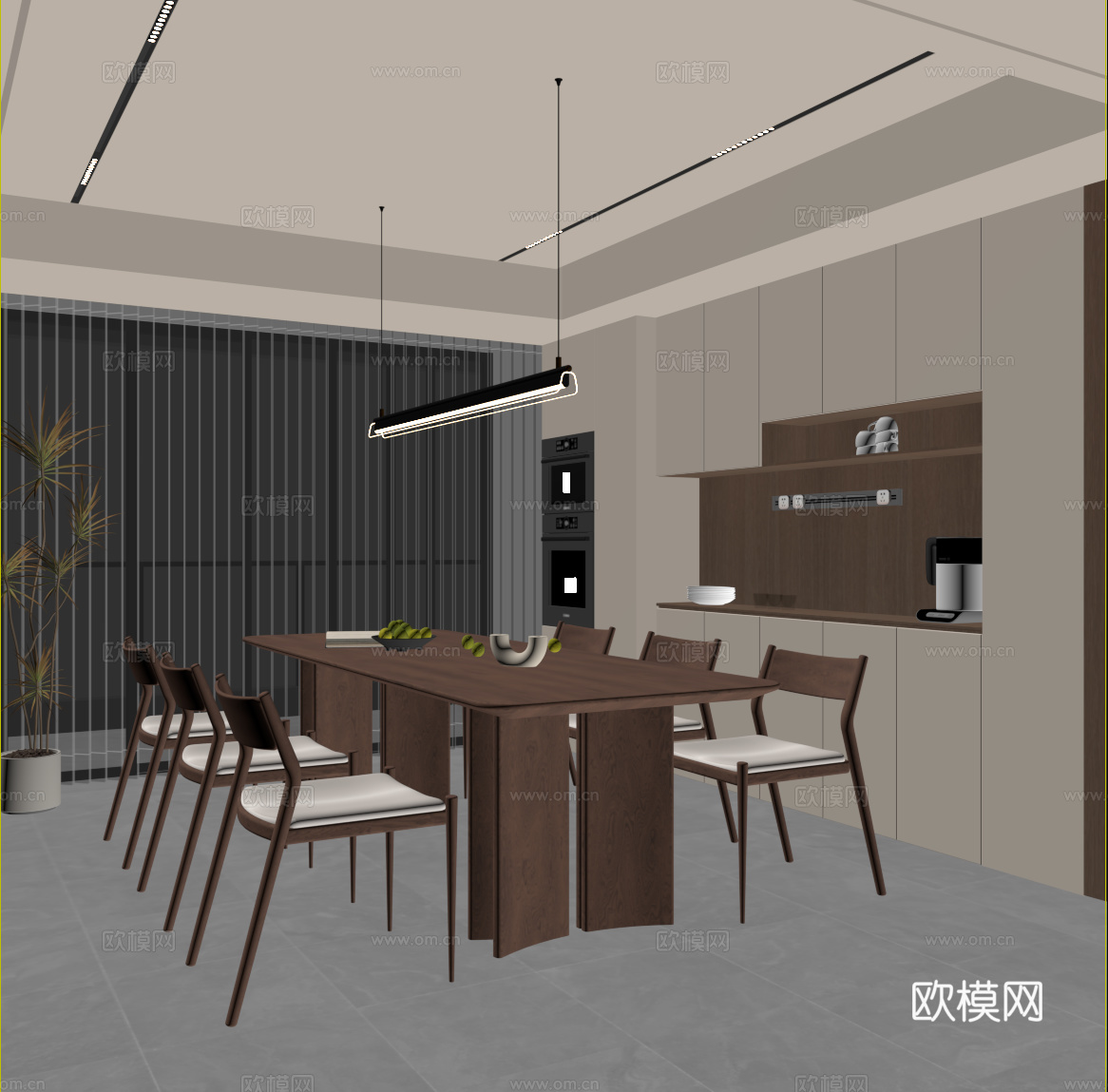 现代中古风餐厅 酒柜 餐桌椅su模型