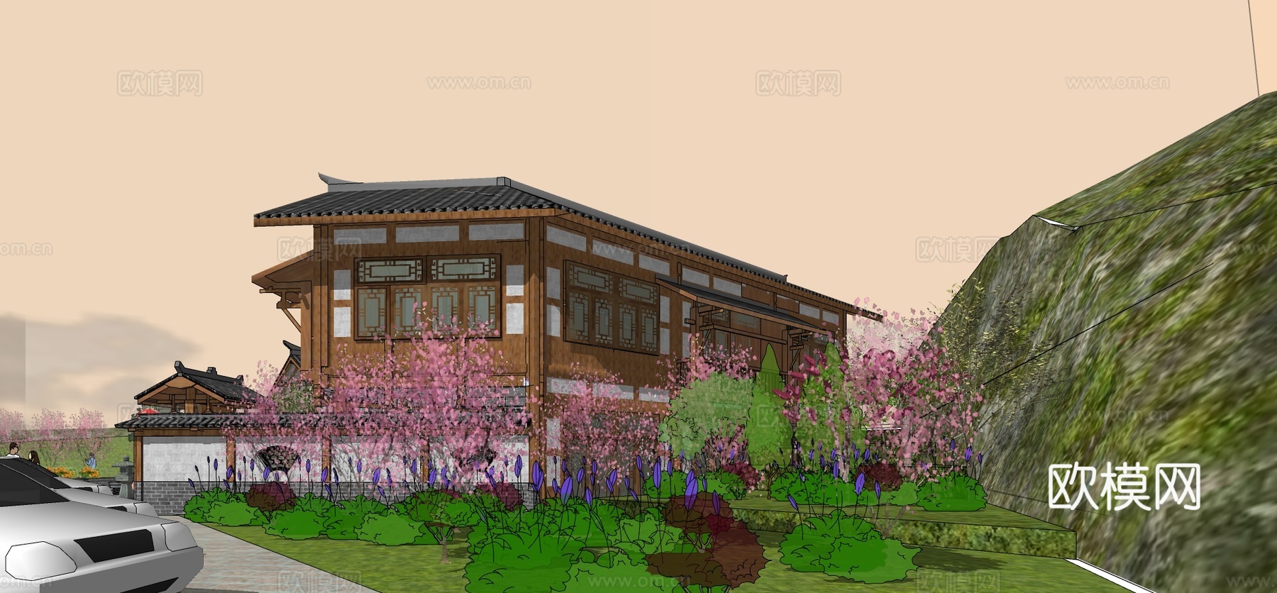 新中式民宿建筑外观su模型下载