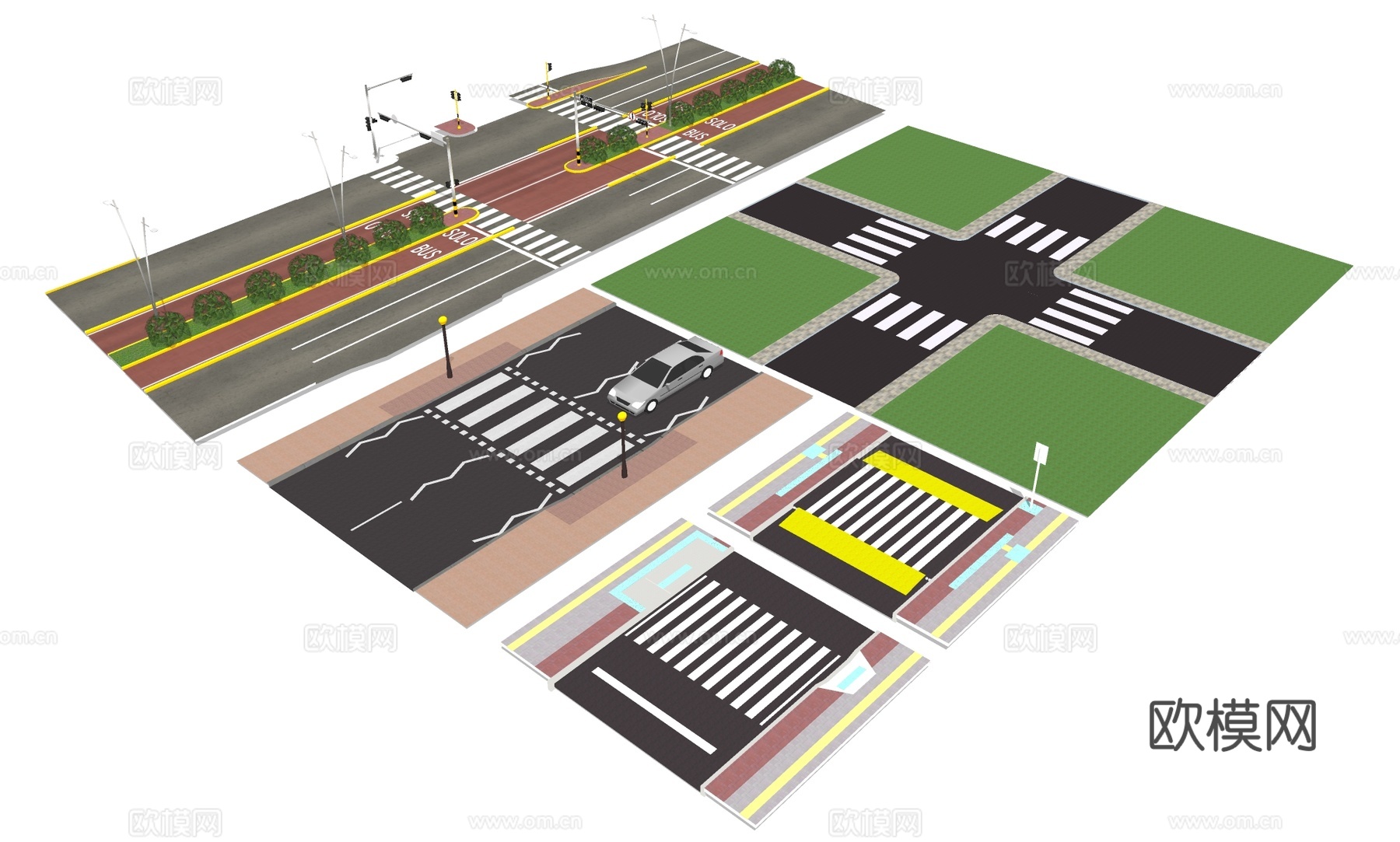 马路人行道 斑马线 城市道路 十字路su模型下载