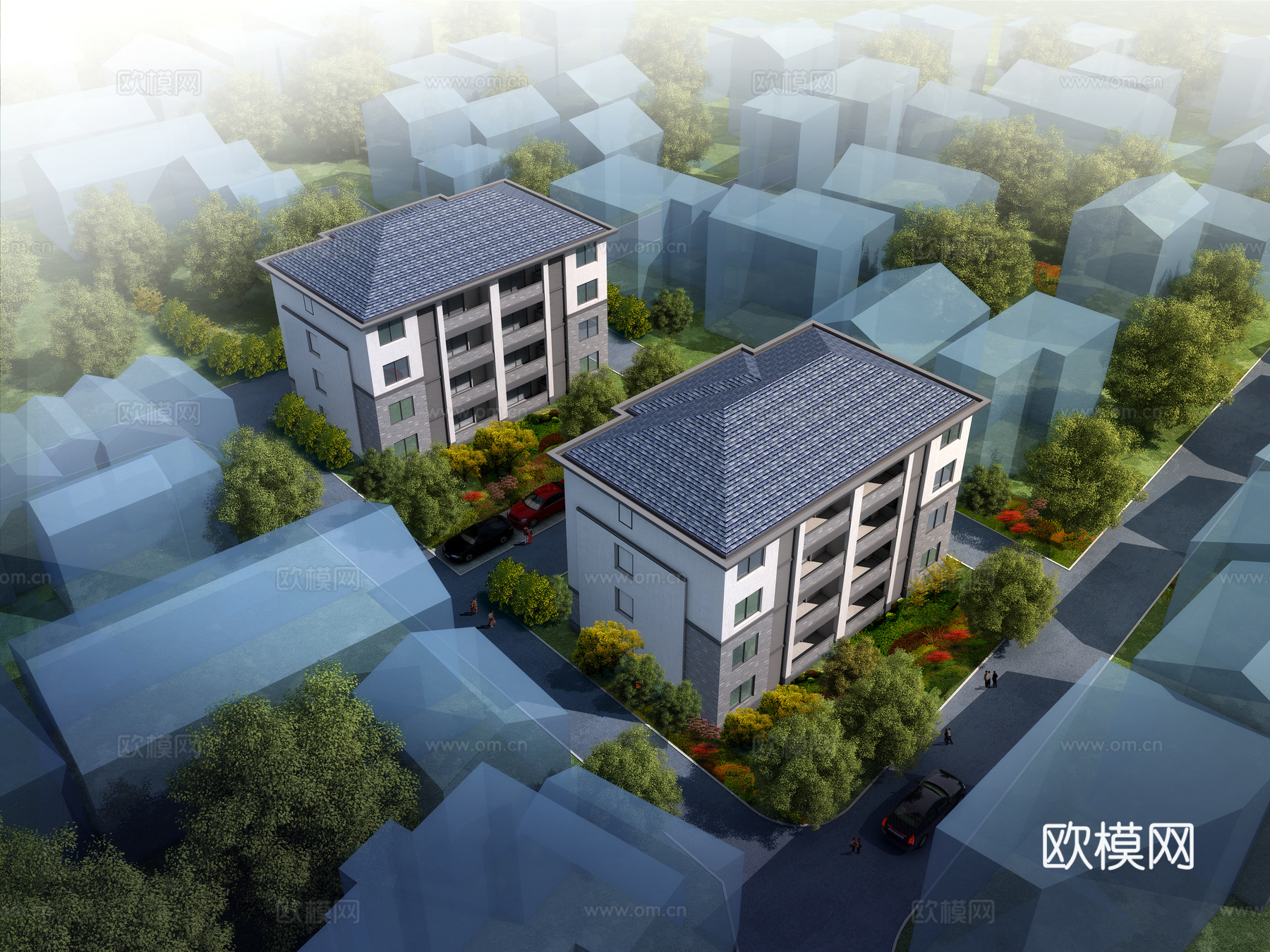 中式住宅楼鸟瞰su模型下载