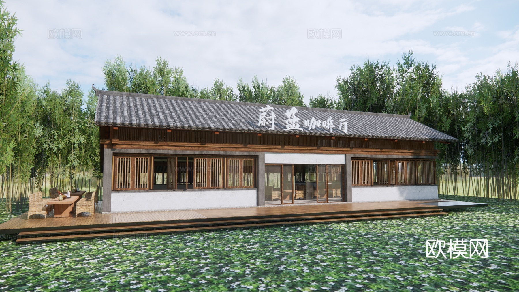现代咖啡厅建筑 餐饮建筑 茅草木屋 乡村茶馆 庭院景观su模型下载