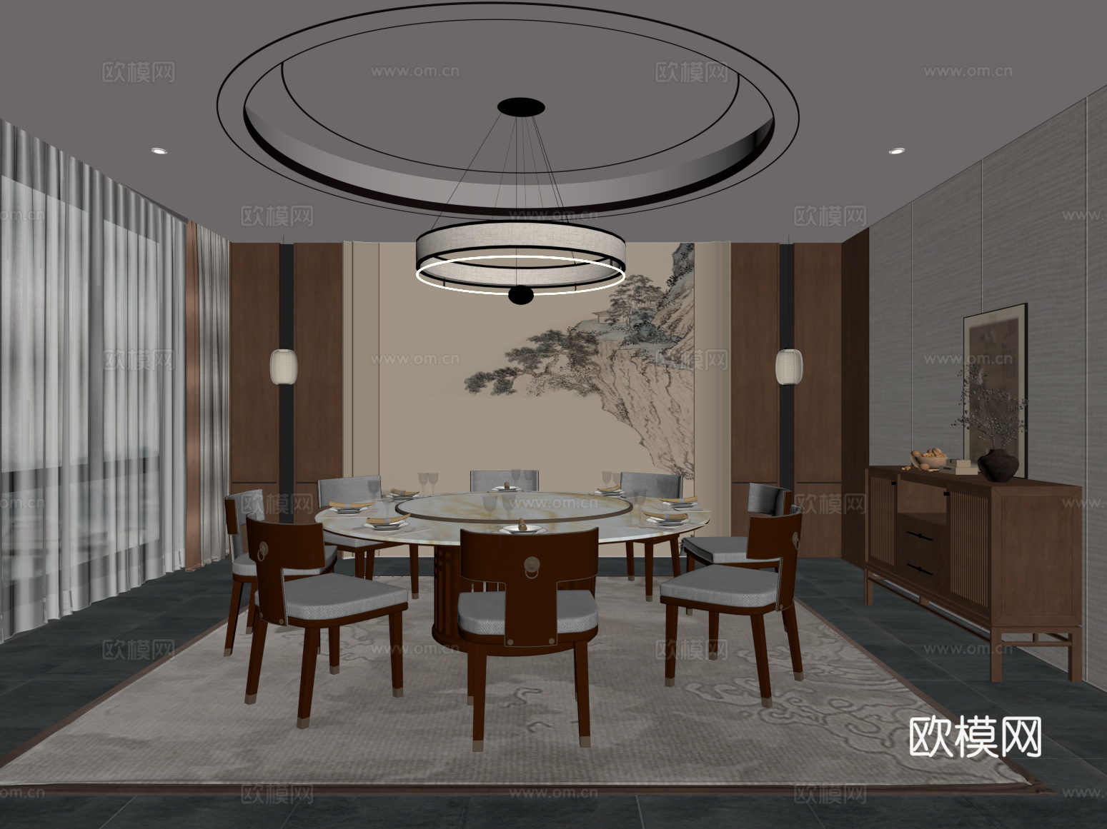 新中式酒店餐厅包房 包间 包厢su模型