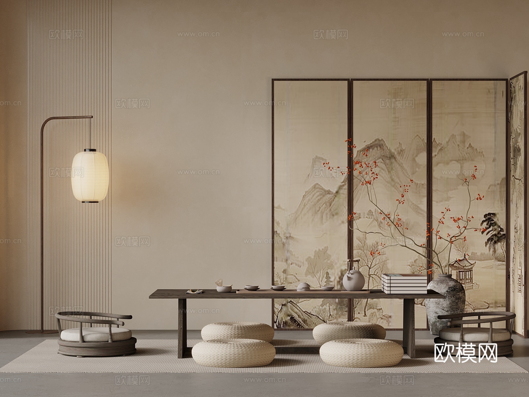 27新中式茶桌椅 屏风 落地灯3d模型