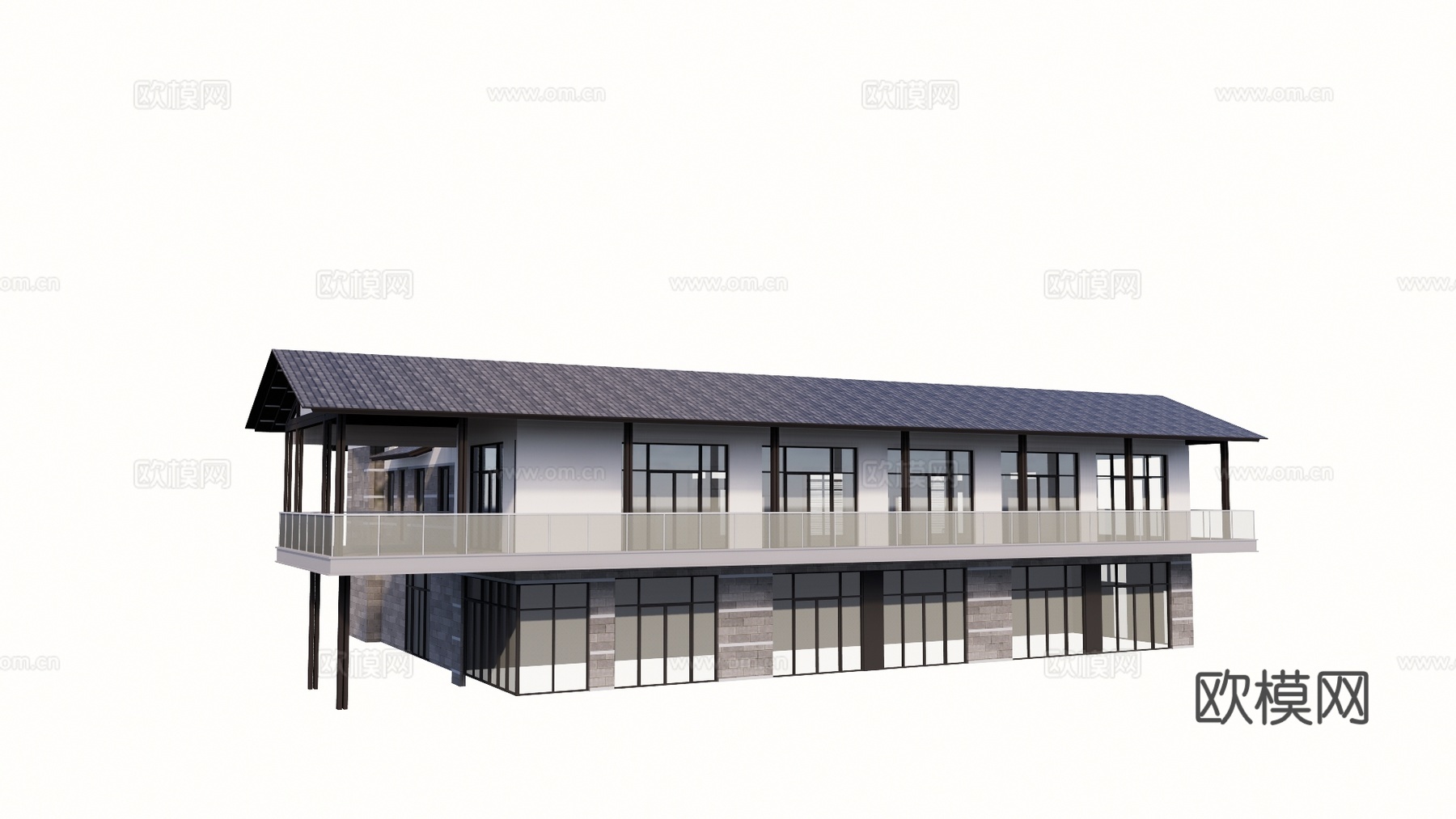 新中式民宿酒店建筑外观su模型下载