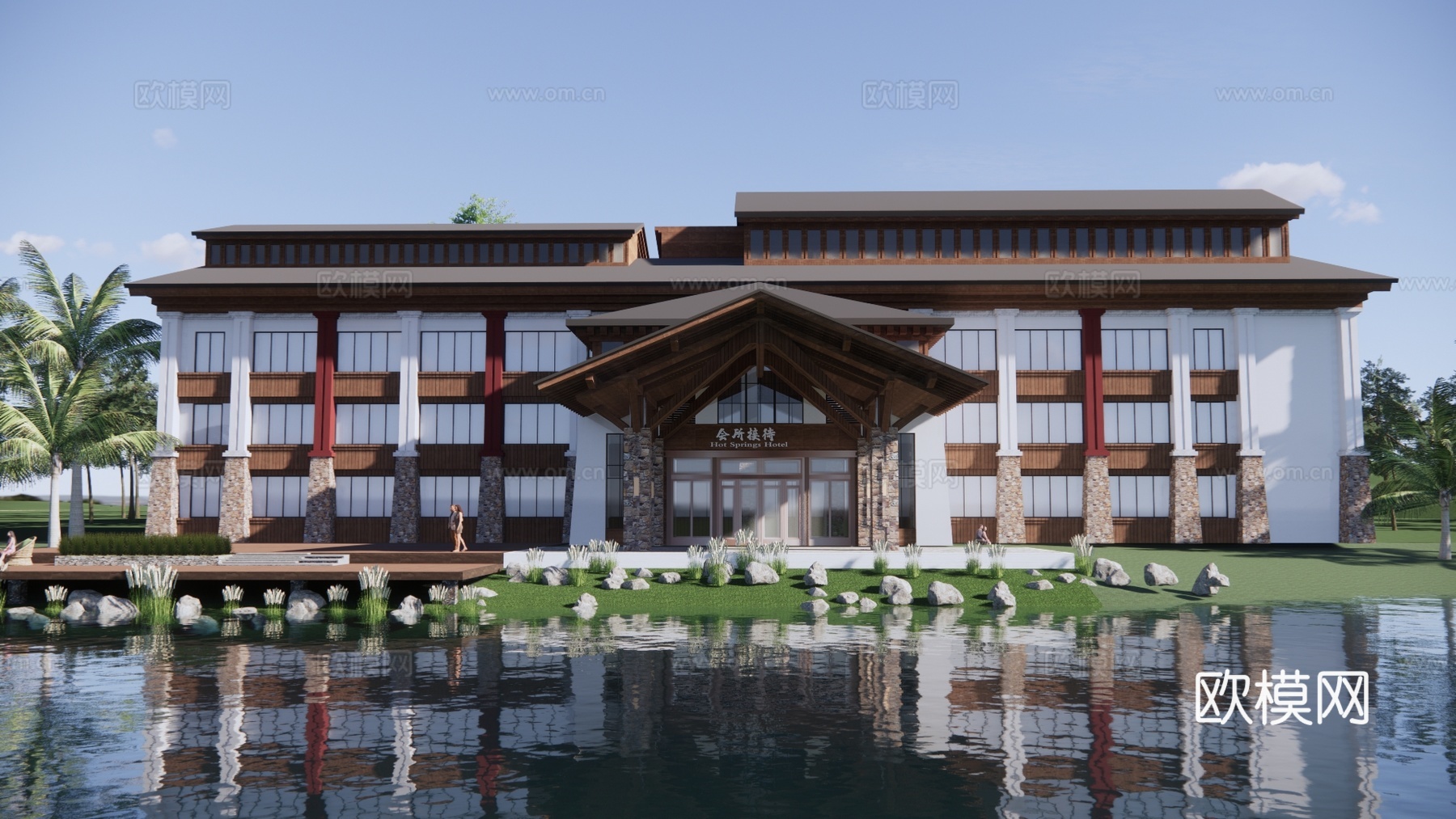 新中式乡村民宿建筑外观su模型下载