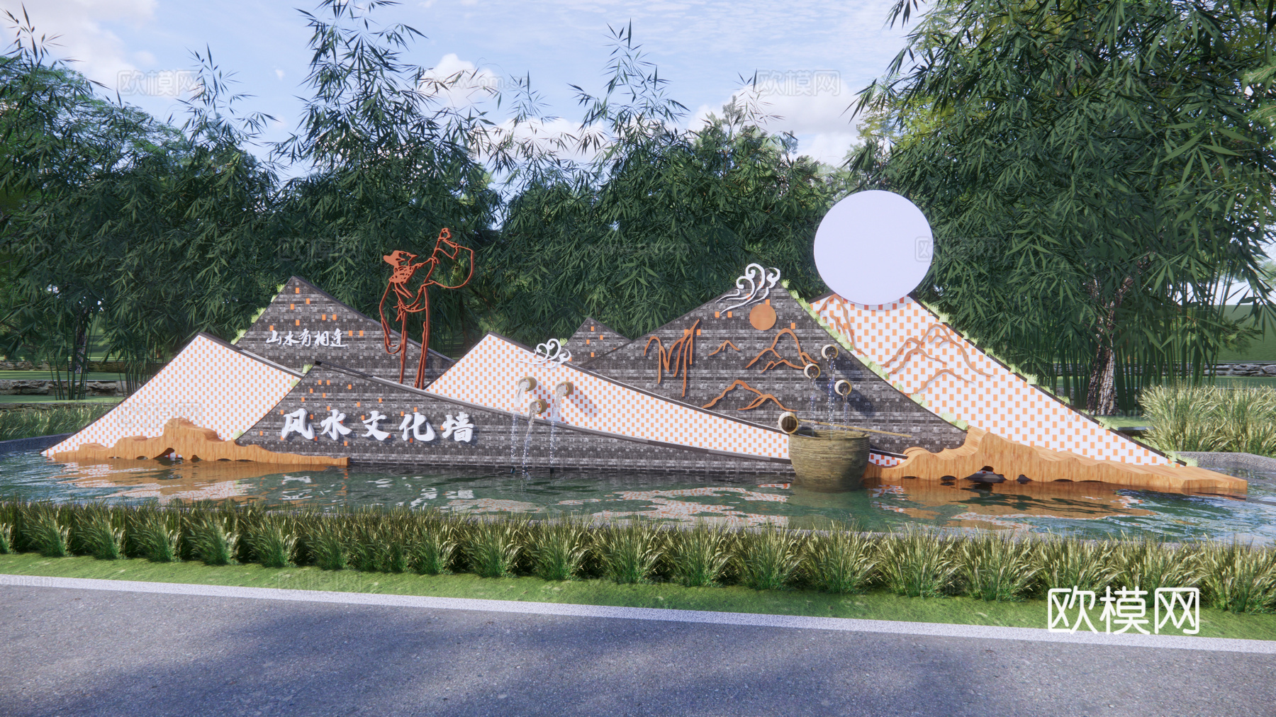 新中式乡村文化景墙园艺小品su模型下载