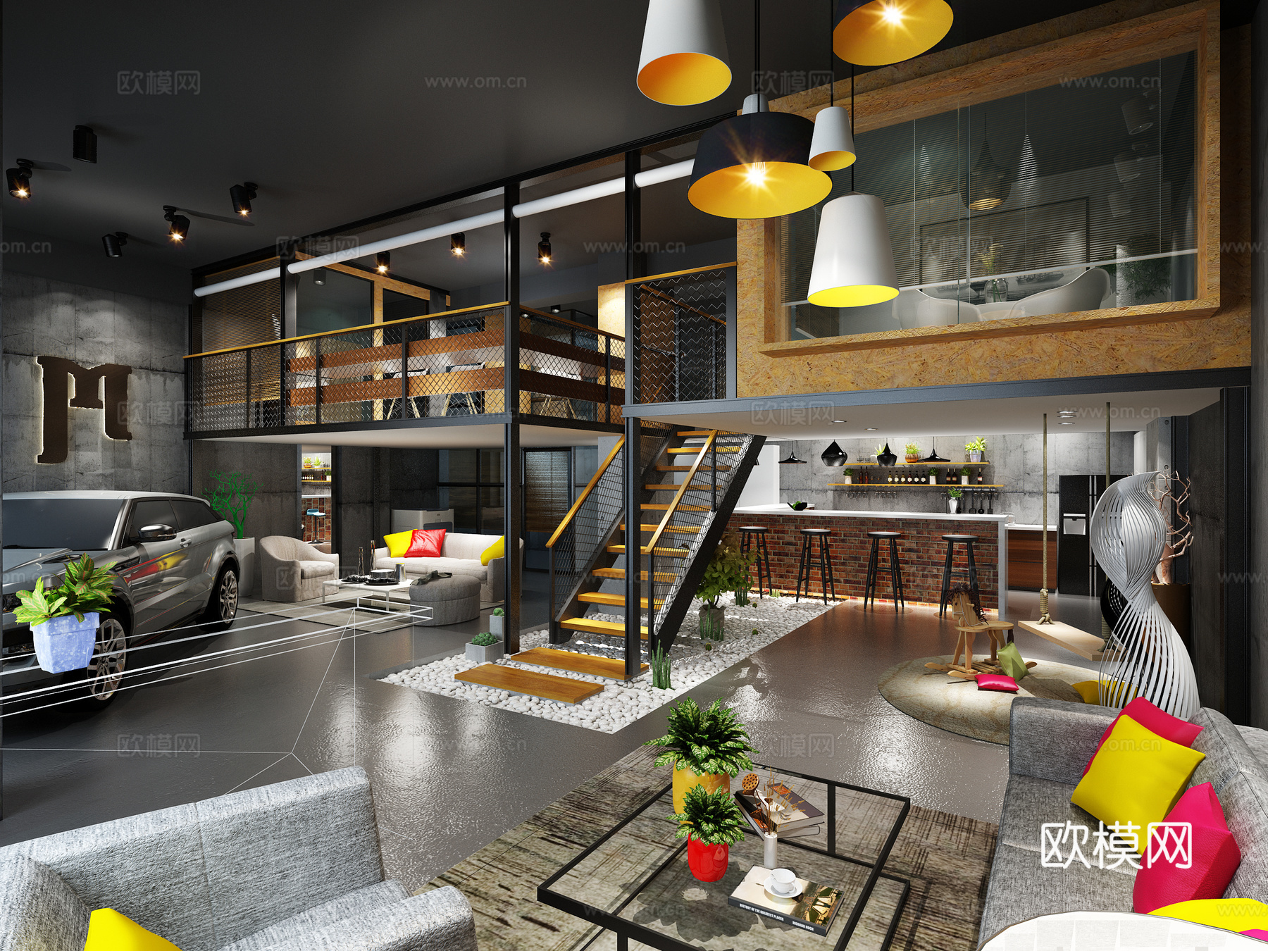 工业风loft客厅 吧台 沙发茶几3d模型