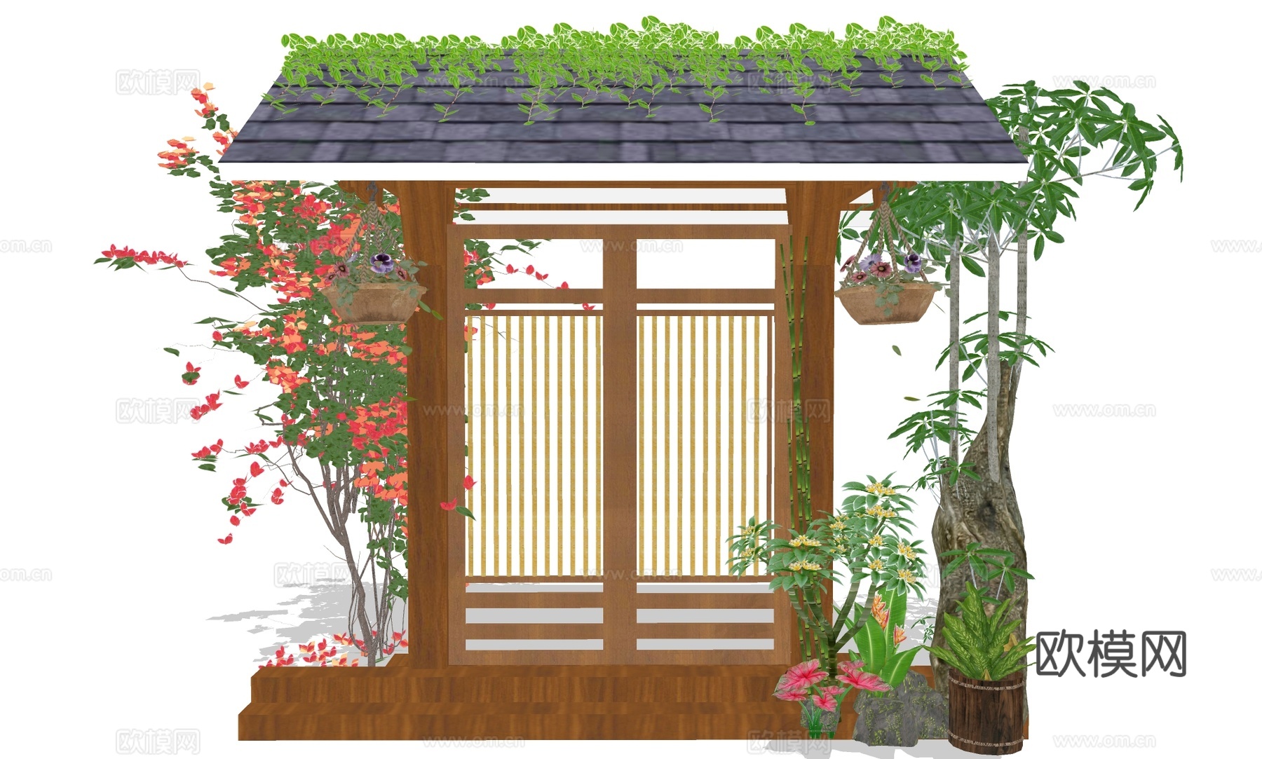 庭院景观门 绿植实木门 庭院门su模型下载