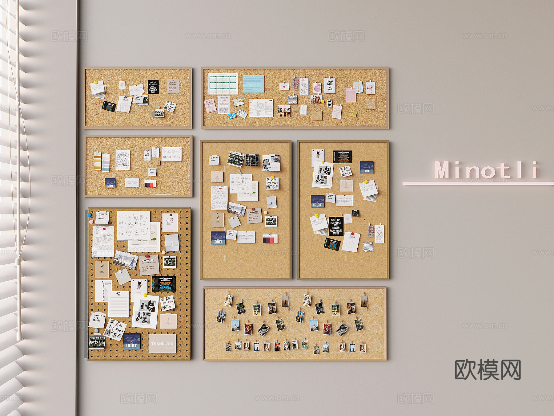 照片墙墙饰黑白版 软木板便签墙 办公留言墙便签贴3d模型