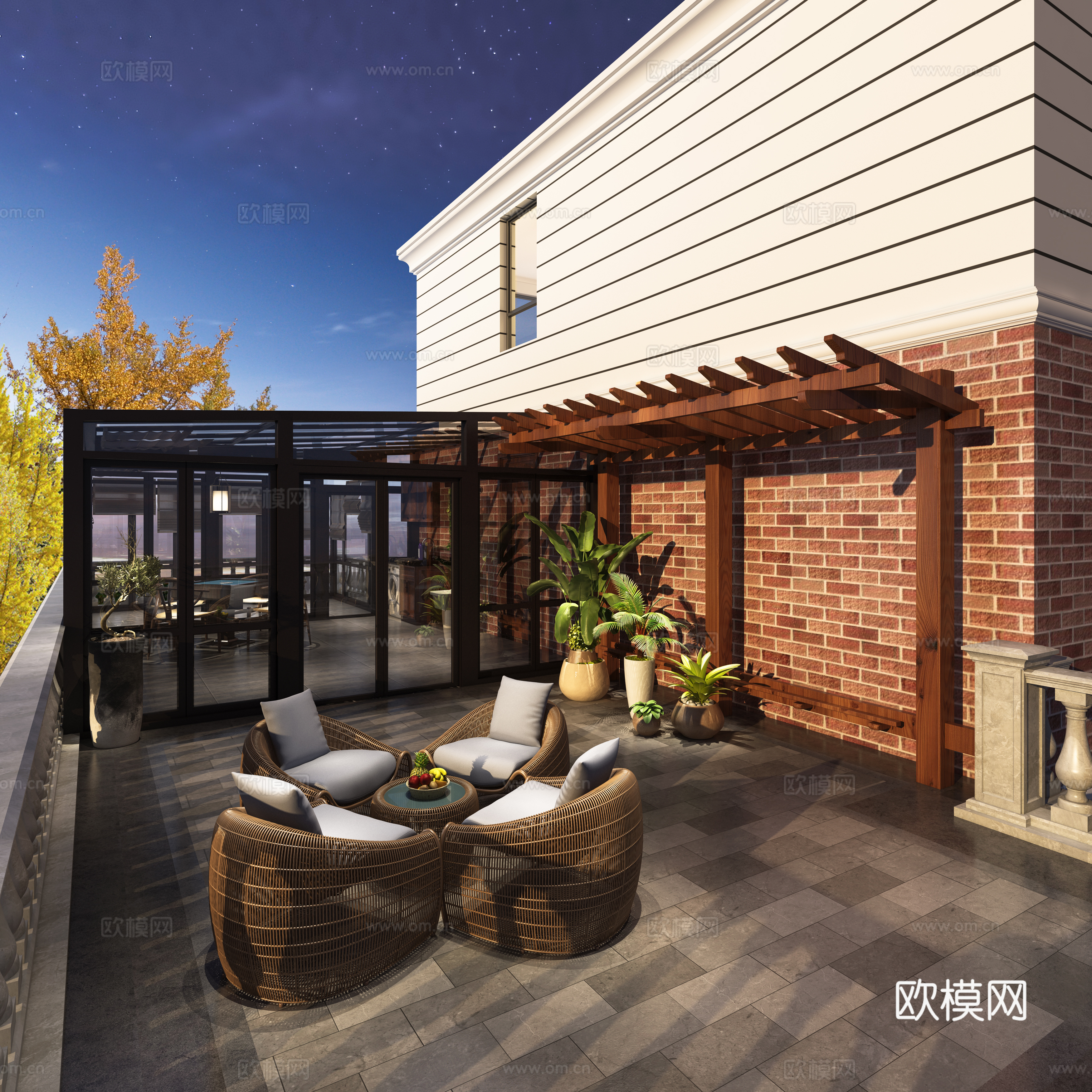 新中式露台 葡萄架 休闲桌椅 麻将桌3d模型