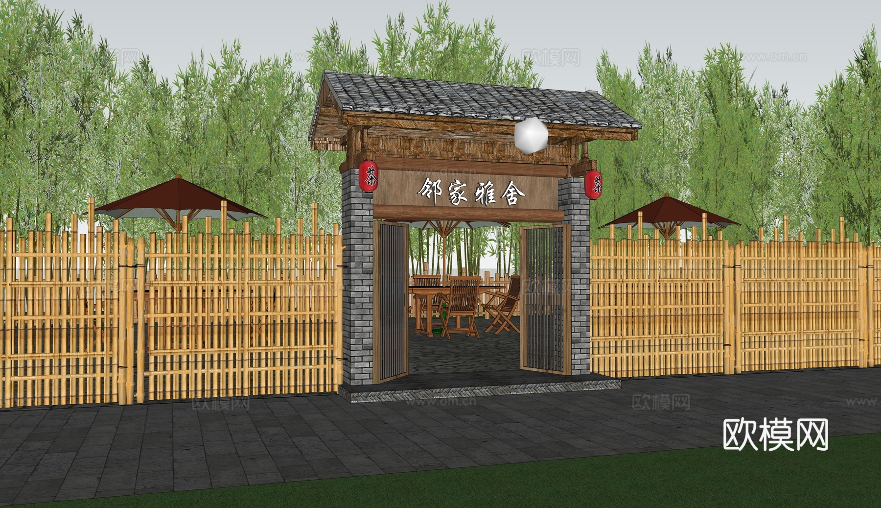 新中式民宿庭院门 农家乐大门 居家小院 院落门头 农庄大门 民居大门su模型下载