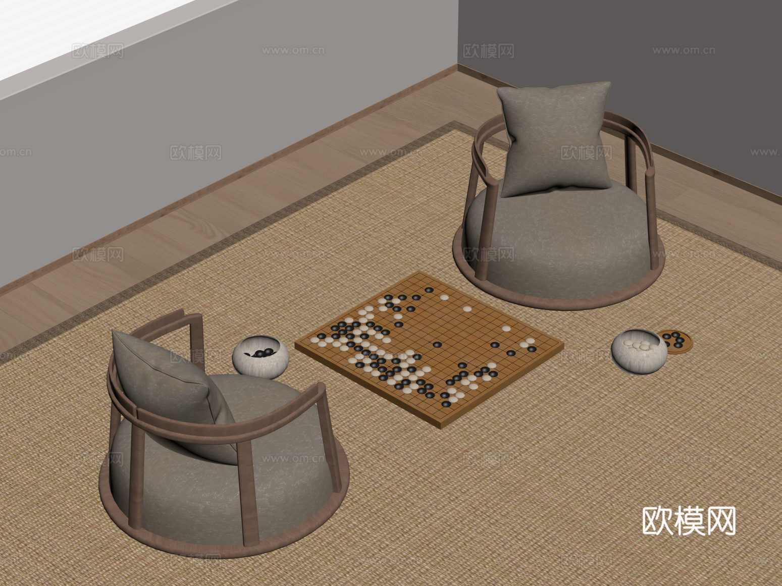 围棋桌 新中式围棋桌 椅子su模型