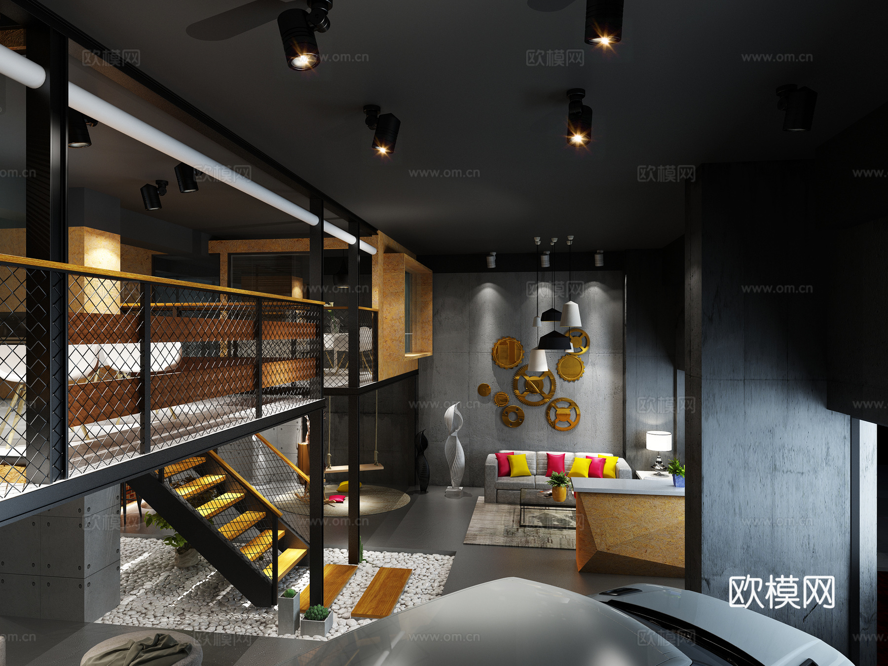 工业风loft客厅 吧台 沙发茶几3d模型