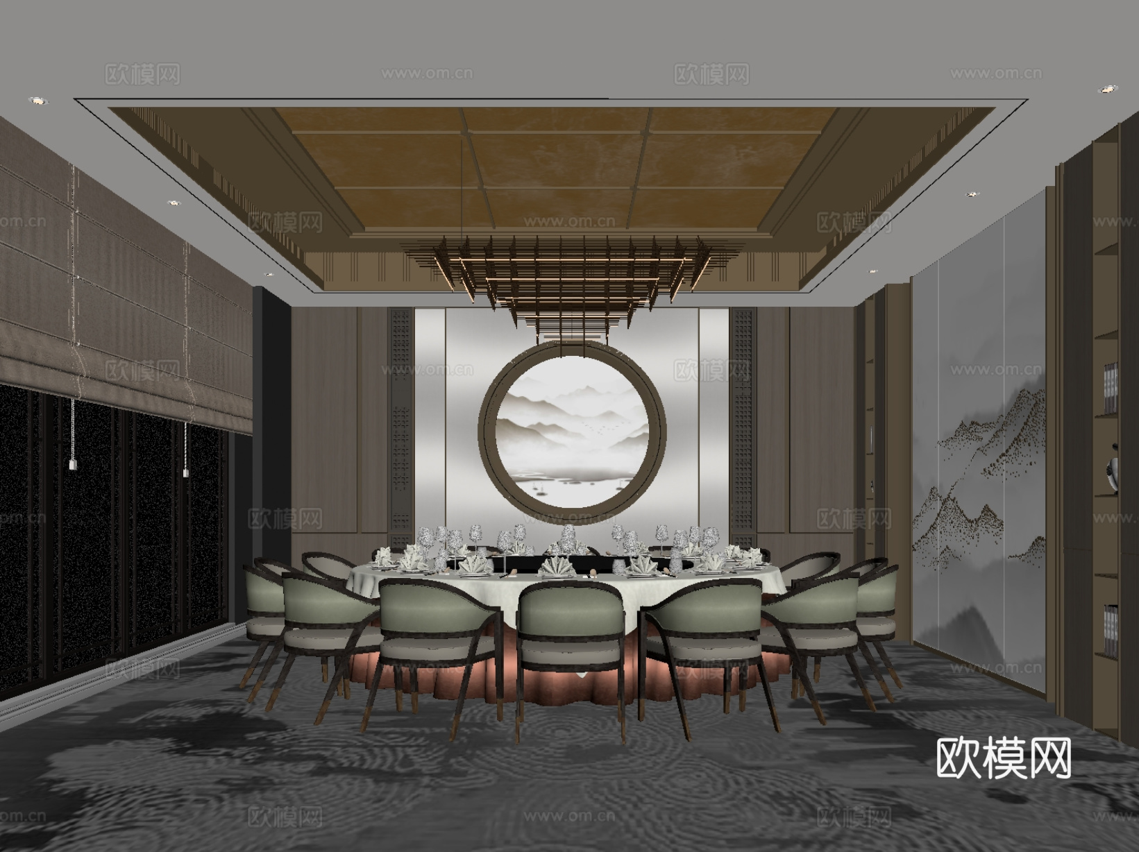 新中式餐餐厅包间 包厢su模型