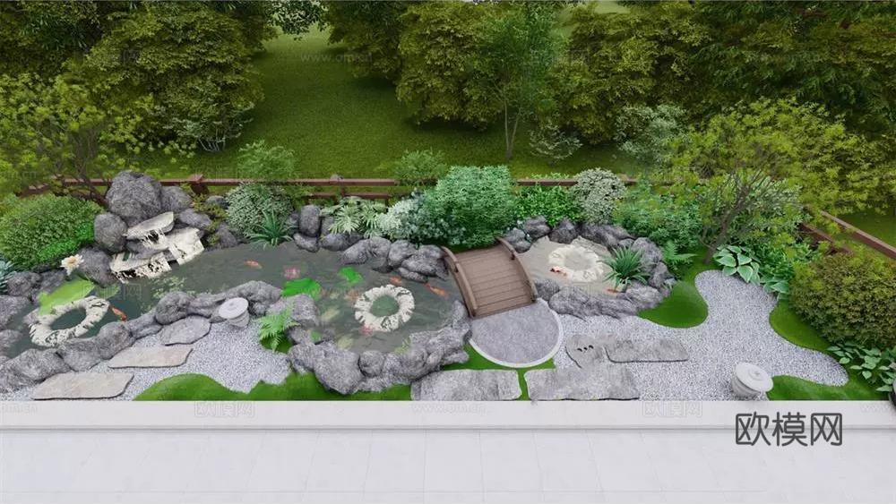 中式庭院花园 生态鱼池  水池 荷花池 观赏鱼塘su模型