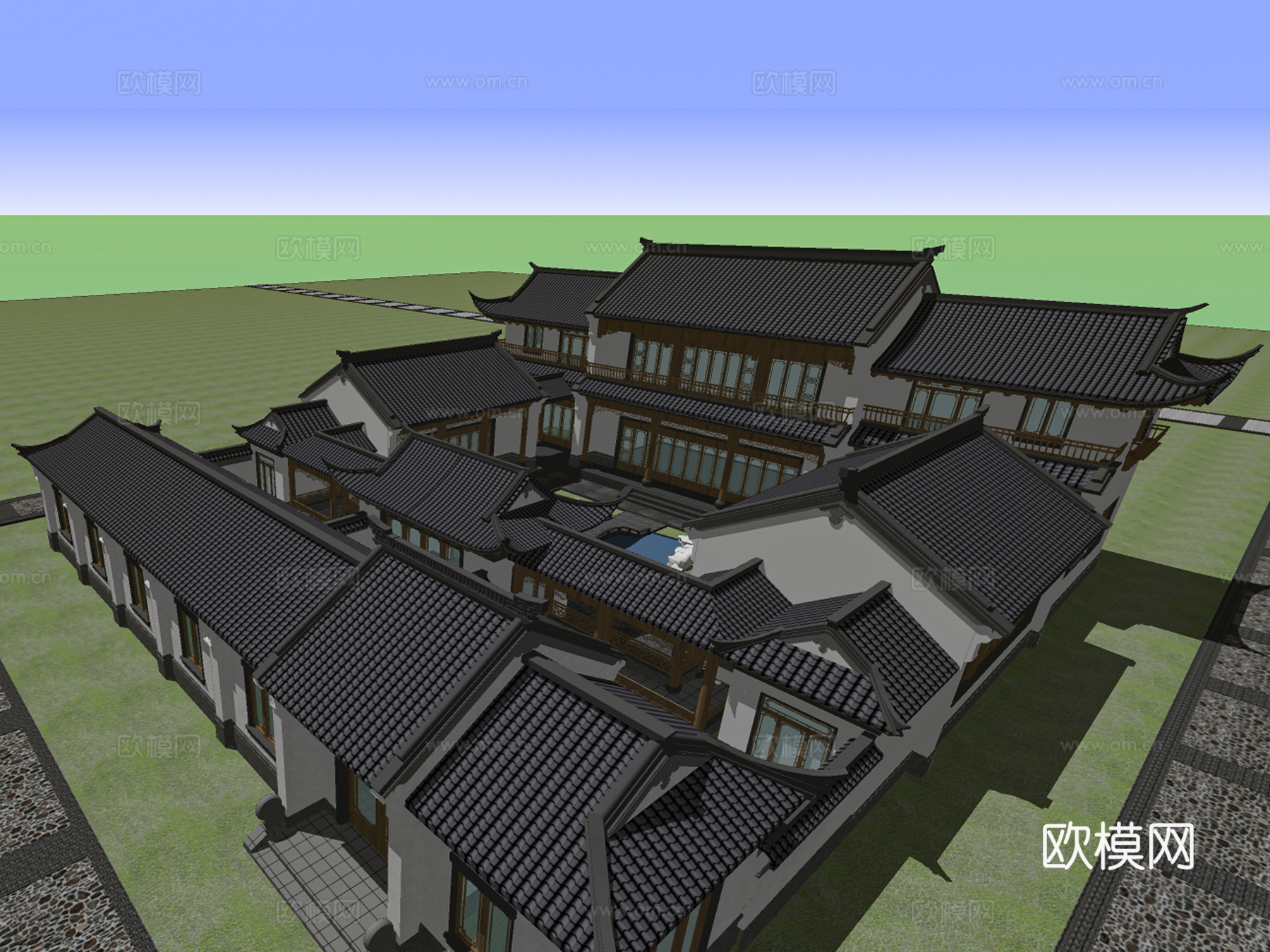 中式四合院建筑外观su模型下载