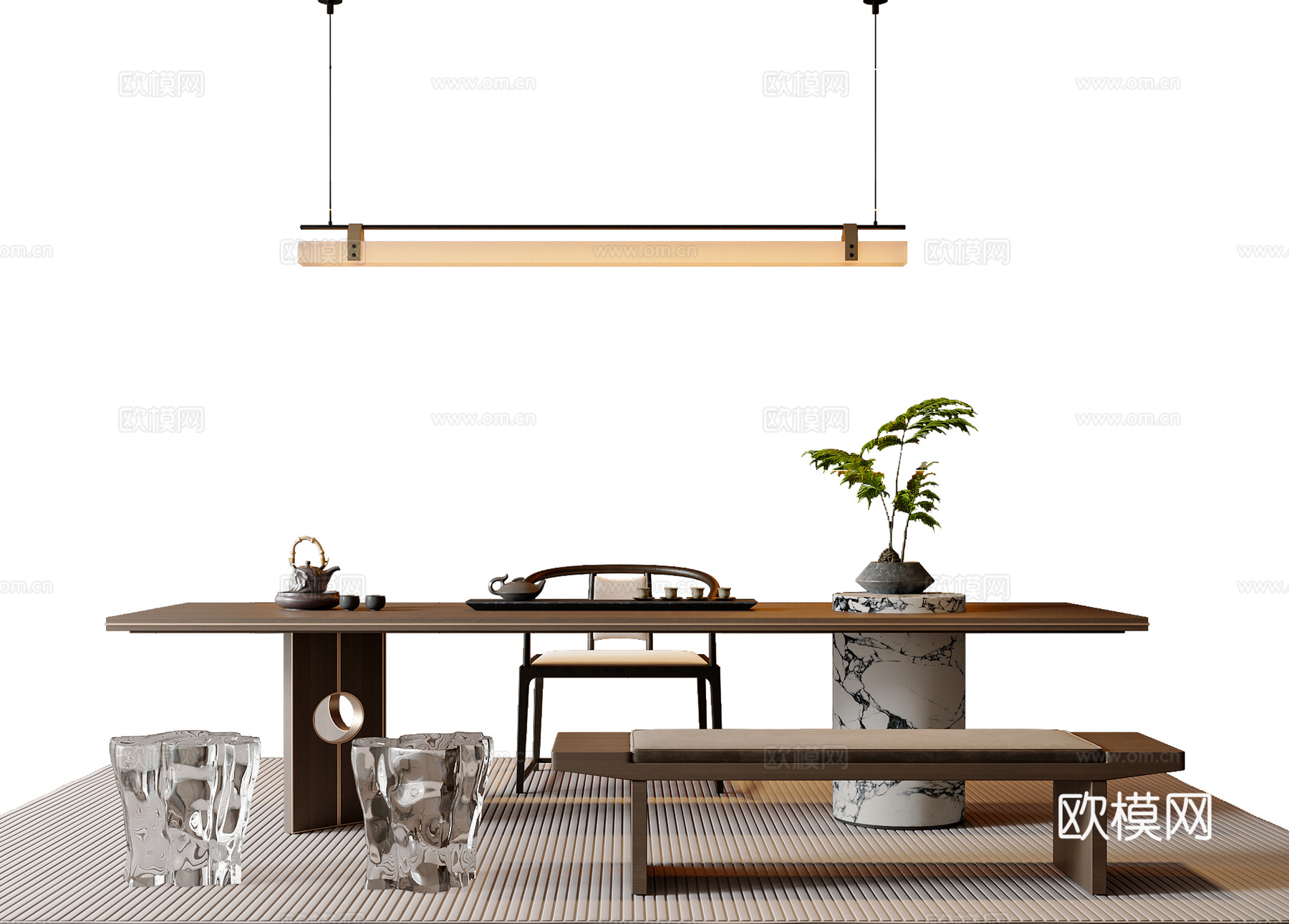 现代新中式茶桌椅组合 茶具 茶椅 茶桌 吊灯 新中式花瓶3d模型